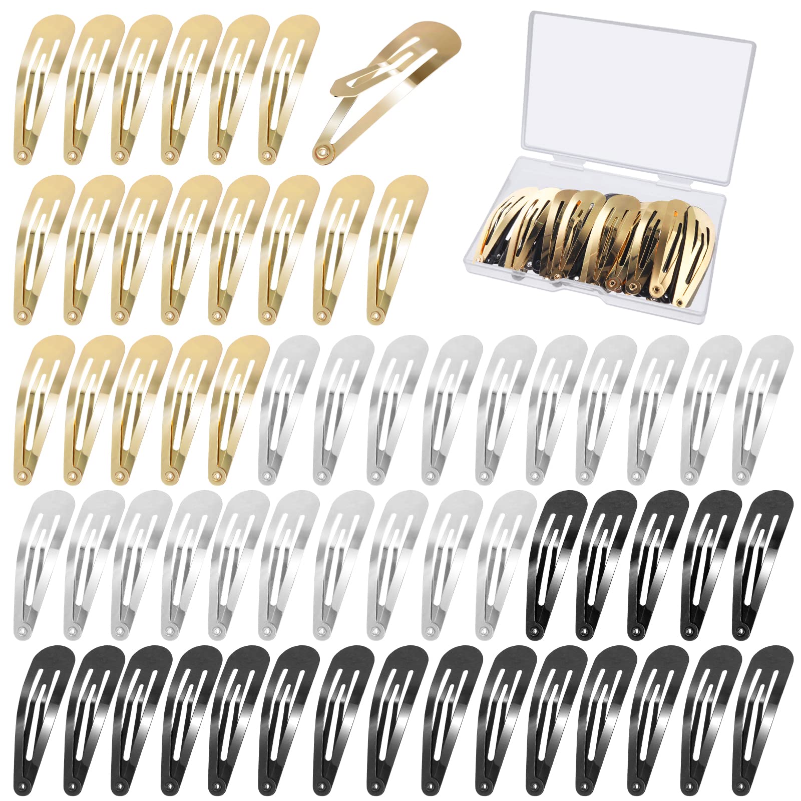 Lusofie 60Pcs Hair Snap Clips 2 Inch Metal Hair Barrettes Snap Hair Clips  Simple Snap Barrettes for Women Girls with Storage Box(Gold Silver Black)