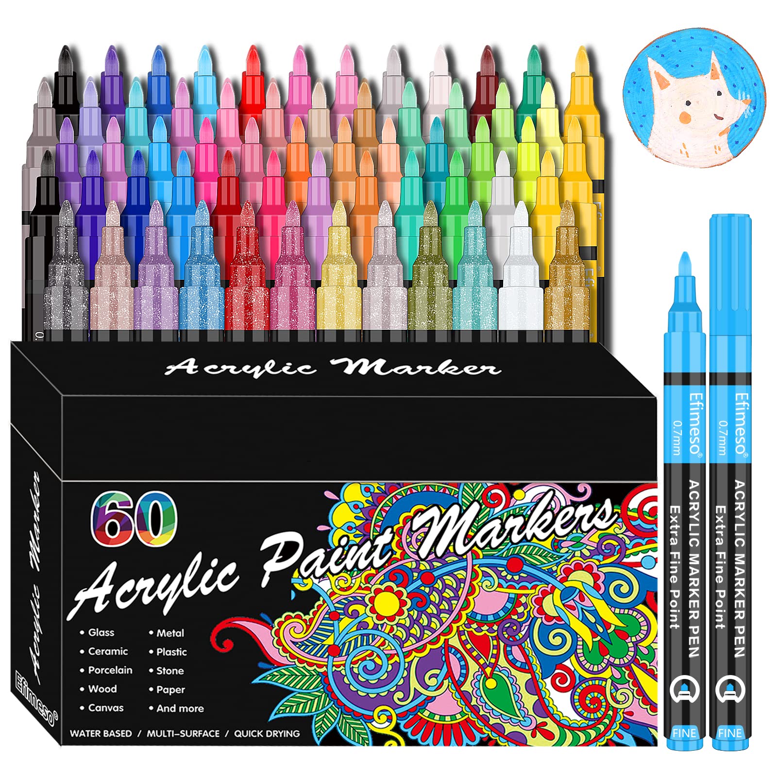 RESTLY Acrylic Paint Pens 60 Colors Acrylic Paint Marker 0.7mm Extra Fine  Paint Pens for Canvas Rock Painting Wood Glass Metal Ceramic stone
