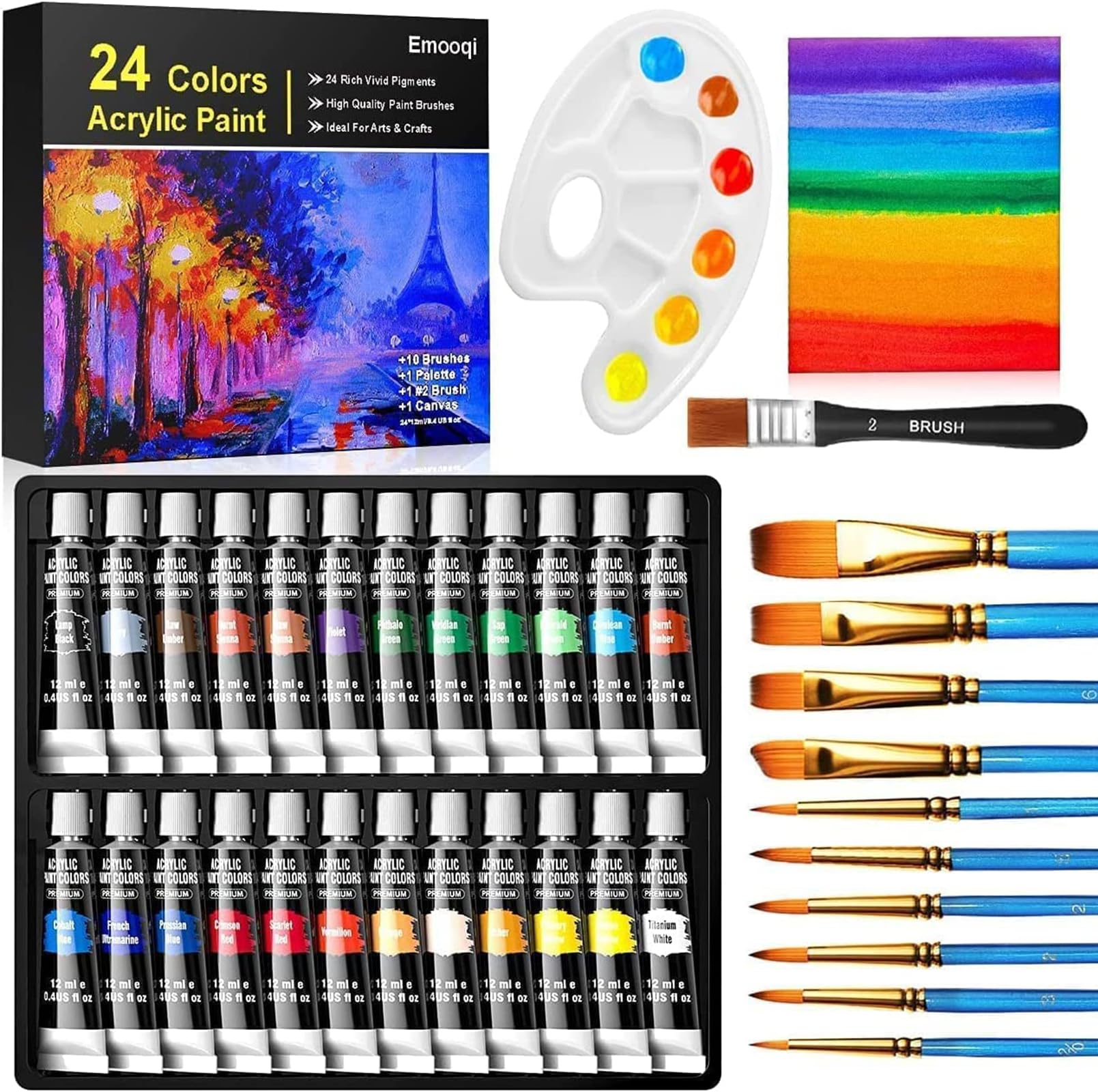 Emooqi Acrylic Paint Set 24 Rich Paint Colors with 11 Art Brushes