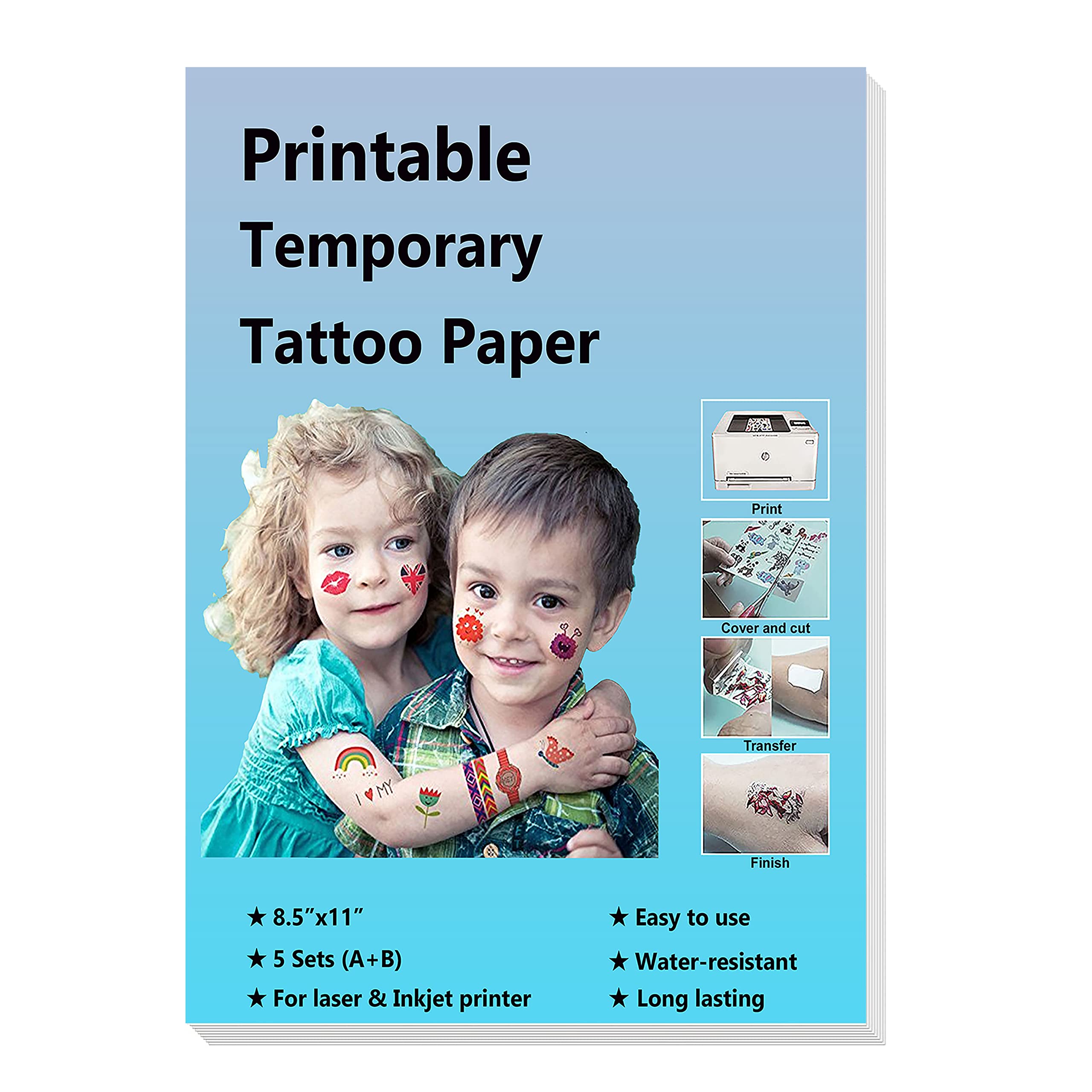  AYSOW Printable Temporary Tattoo Paper for Inkjet & Laser  Printer, 5 Sheets A4 Size 8.3x11.7 Waterproof DIY Image Transfer Decal  Paper for Skin, Clear : Beauty & Personal Care