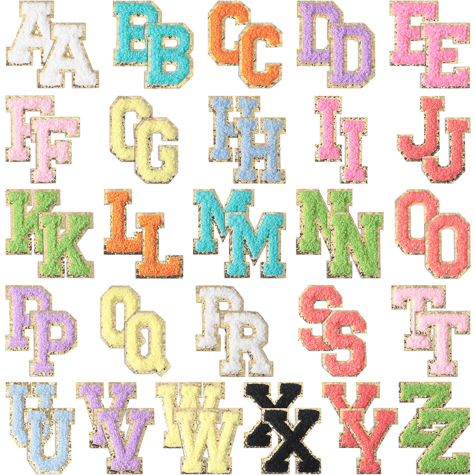 52 Pieces Chenille Letter Patches A-Z Iron on Patches Gold Glitter Border  Repair Embroidered Patch for Fabric Clothing Hats Bags Jackets Shirt  (Bright Color, Cute Style) Bright Color Cute Style