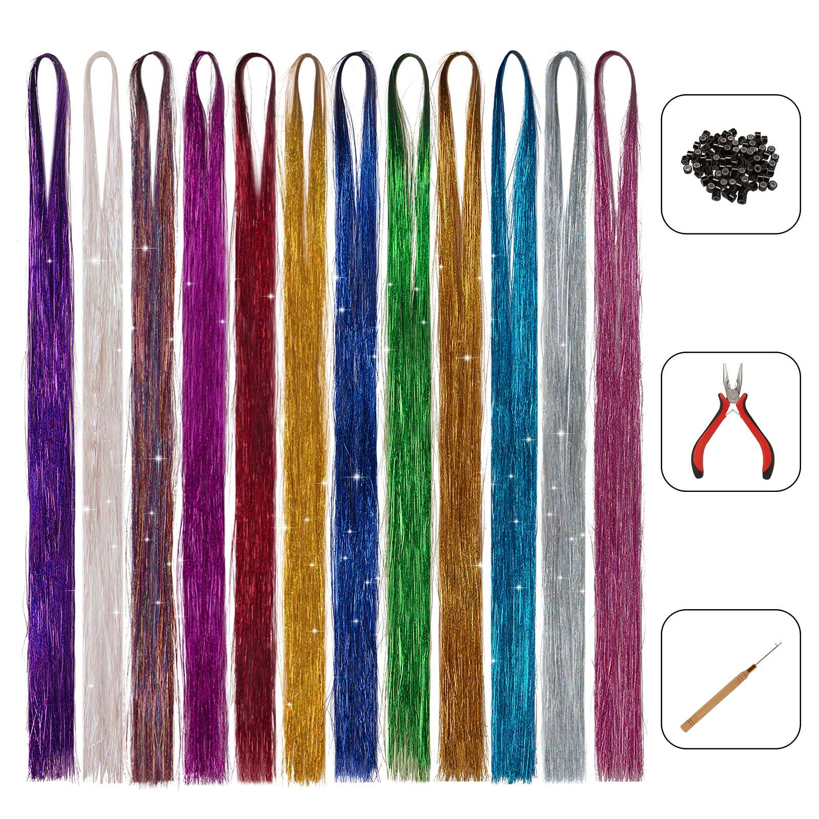 Hair Tinsel Kit Heat Resistant 44 inch Sparkling Shiny Tinsel Hair  Extensions Kit 12 Colors Glitter