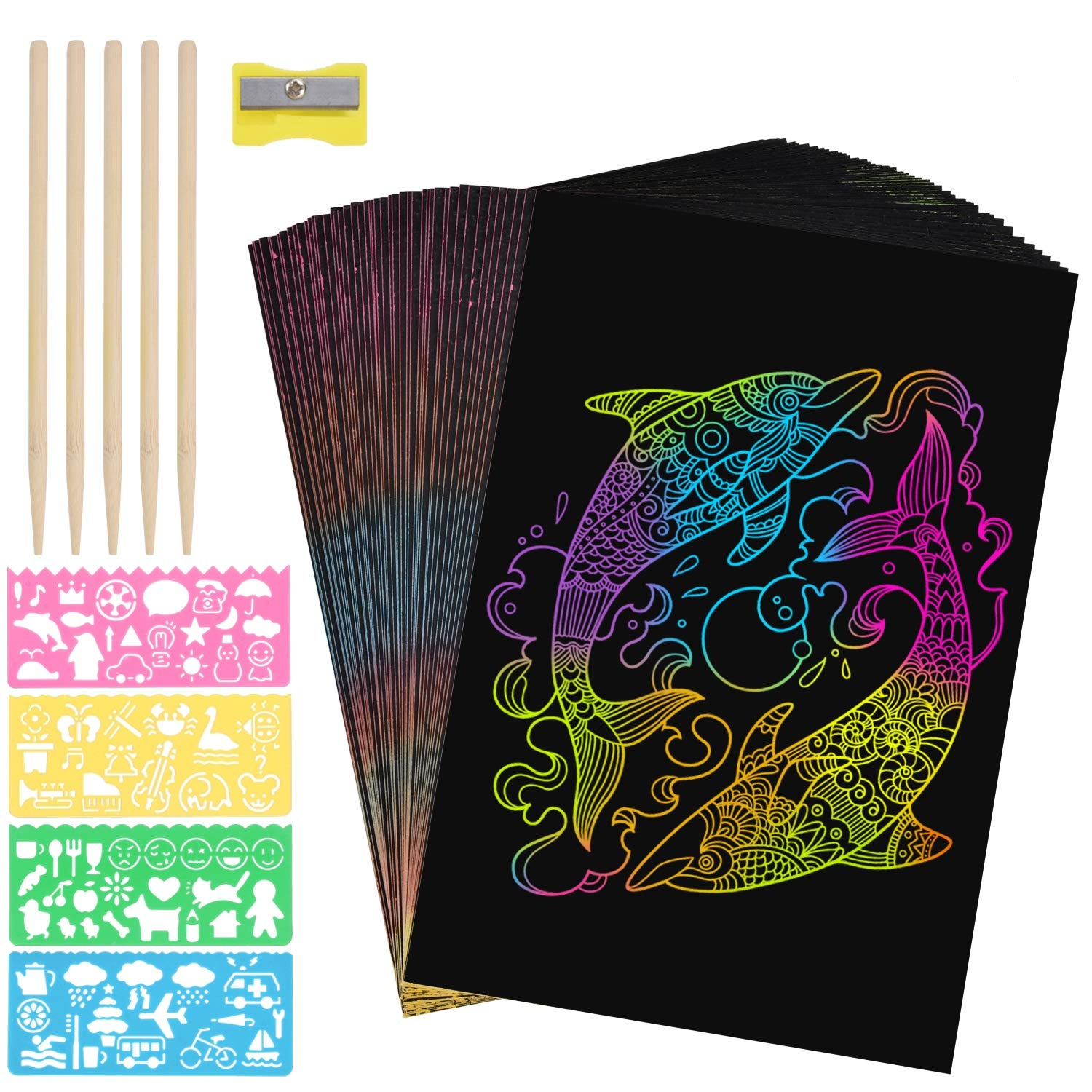 50 Piece Rainbow Scratch Paper - 5 Wooden Styluses Included - 4 Drawing  Stencils-Create Rainbow Scratch Paper Art with This Jumbo Craft Pack 