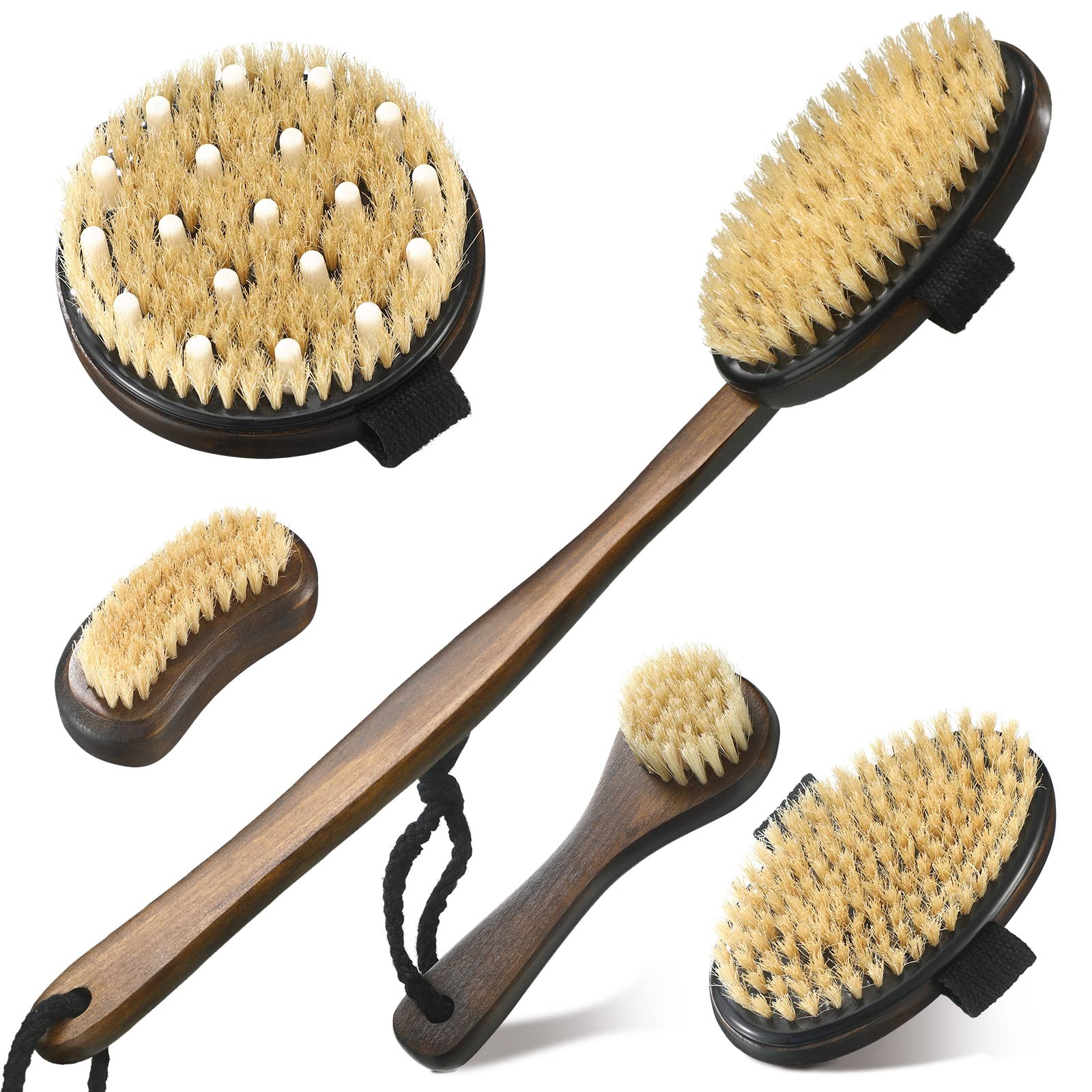 5 Pcs Dry Brushing Body Brush Set Wood Body Dry Brush Long Handle Face Back  Scrubber with Soft and Stiff Bristles Shower Bath Brush Exfoliating  Massager for Back Cellulite Feet