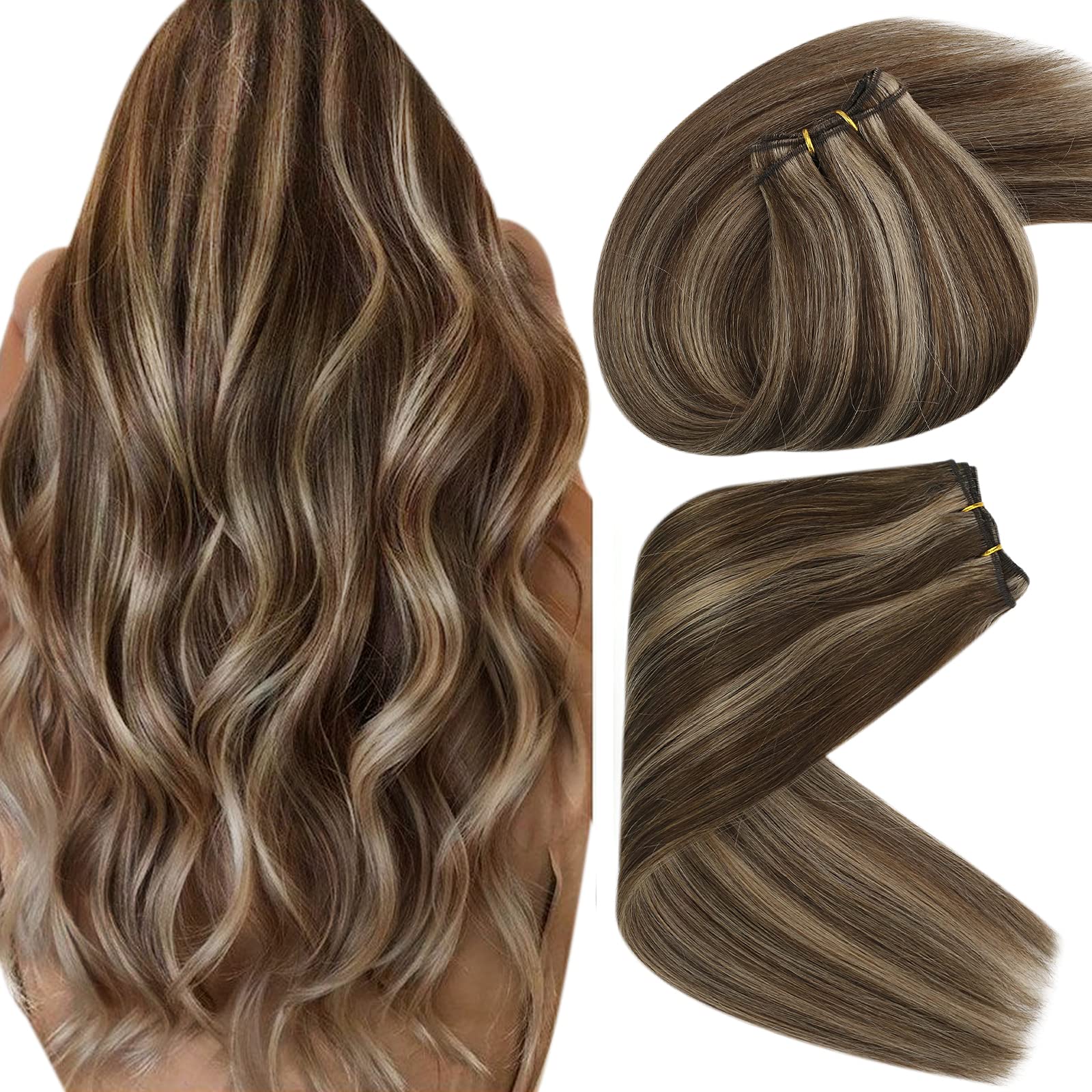 Sunny Sew in Hair Extensions Real Human Hair Brown Weft Hair Extensions  Highlights 22inch Bundle Weft