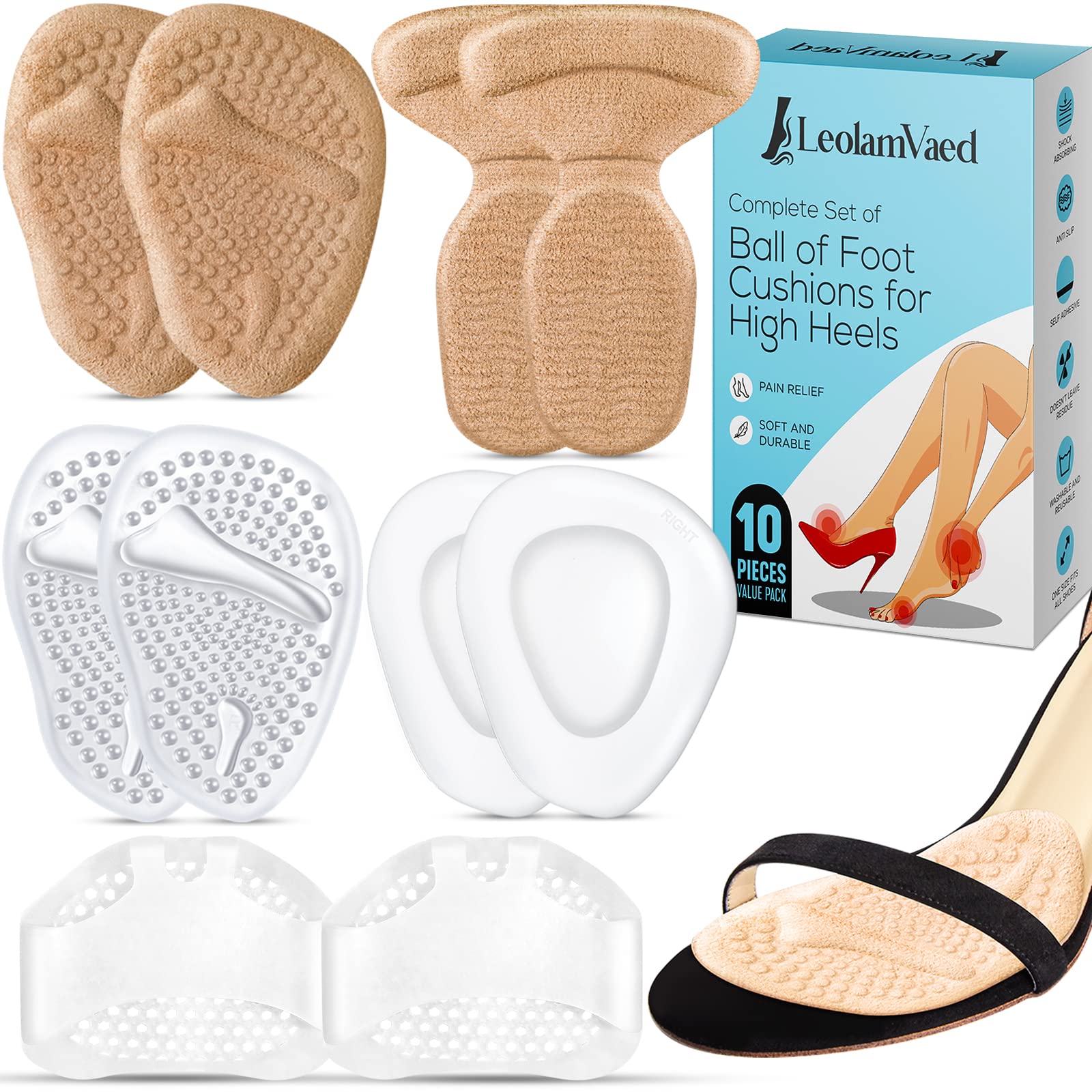 Women s Reusable Metatarsal Pads Ball of Foot Cushions for All Day Pain Relief and Comfort Washable Heel Inserts One Size Fits All 10 Pieces Set