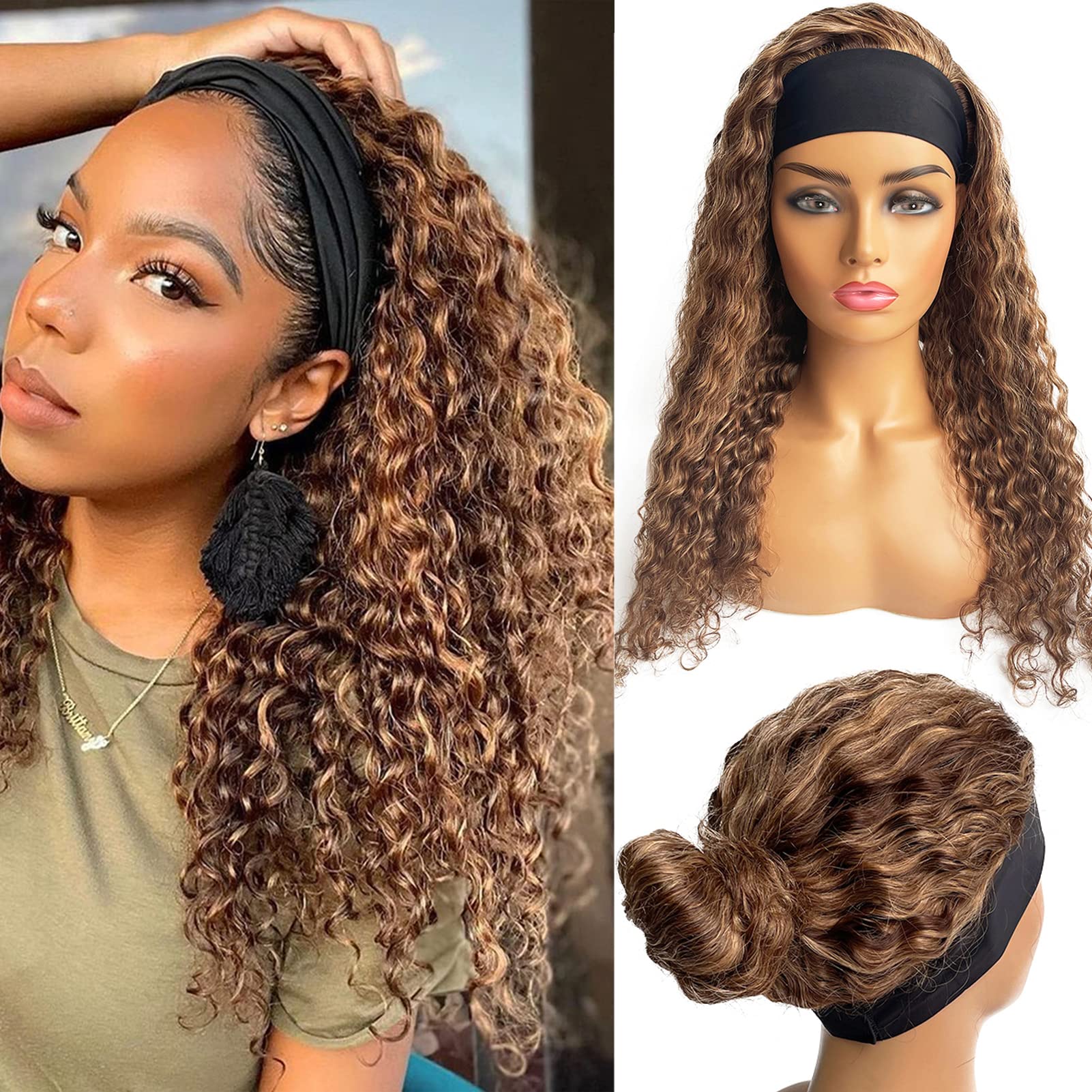 Curly Headband Wigs Human Hair Colored 4/27 Honey Blonde Highlights Deep  Wave Real Remy Hair