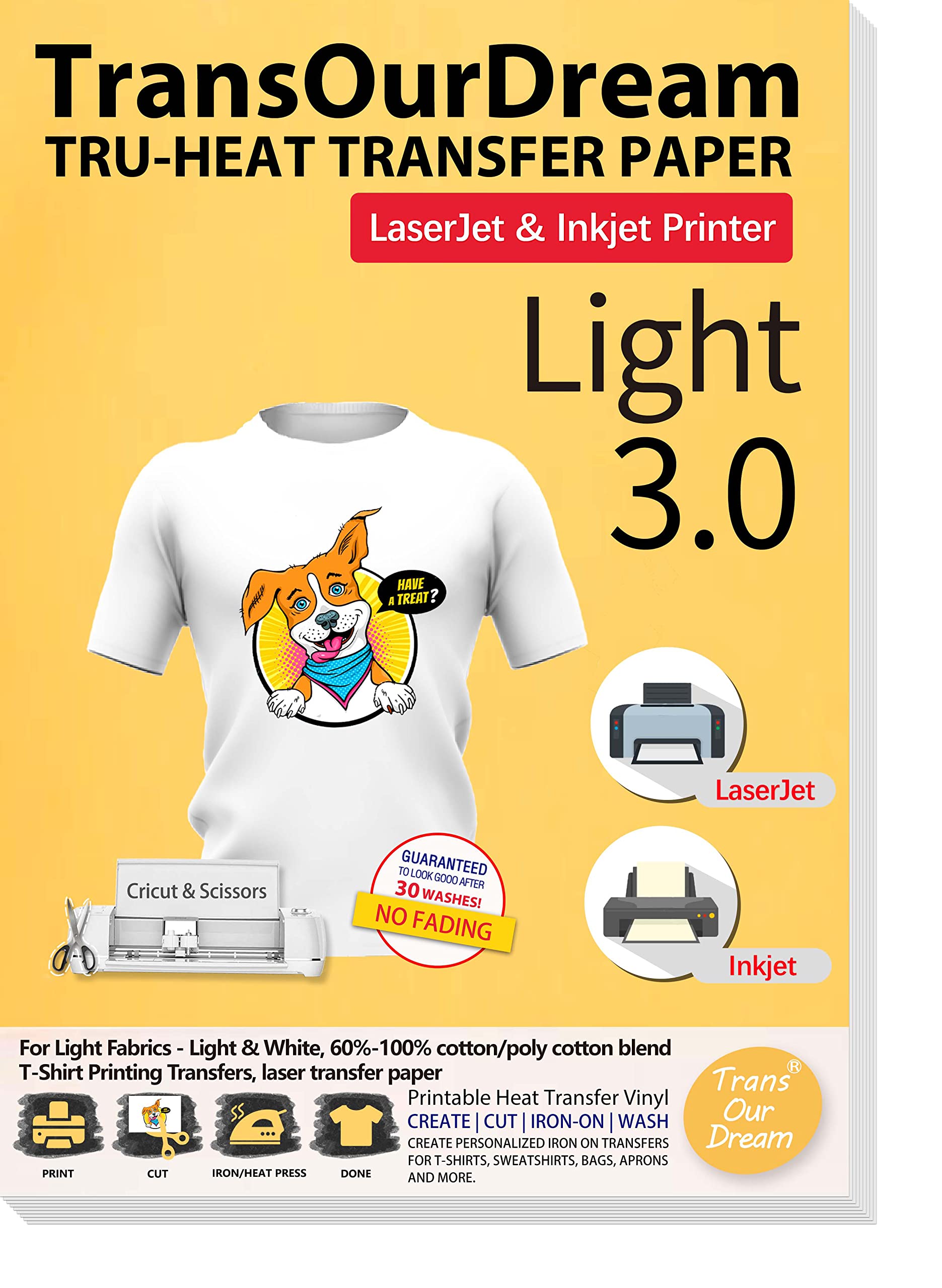 TransOurDream Iron on Heat Transfer Paper for Light T Shirts (20 Sheets  8.5x11 3.0) Printable HTV Heat Transfer Vinyl for Inkjet & Laserjet Printer  Iron On transfers for T Shirts (TRANS-L3-1-20)