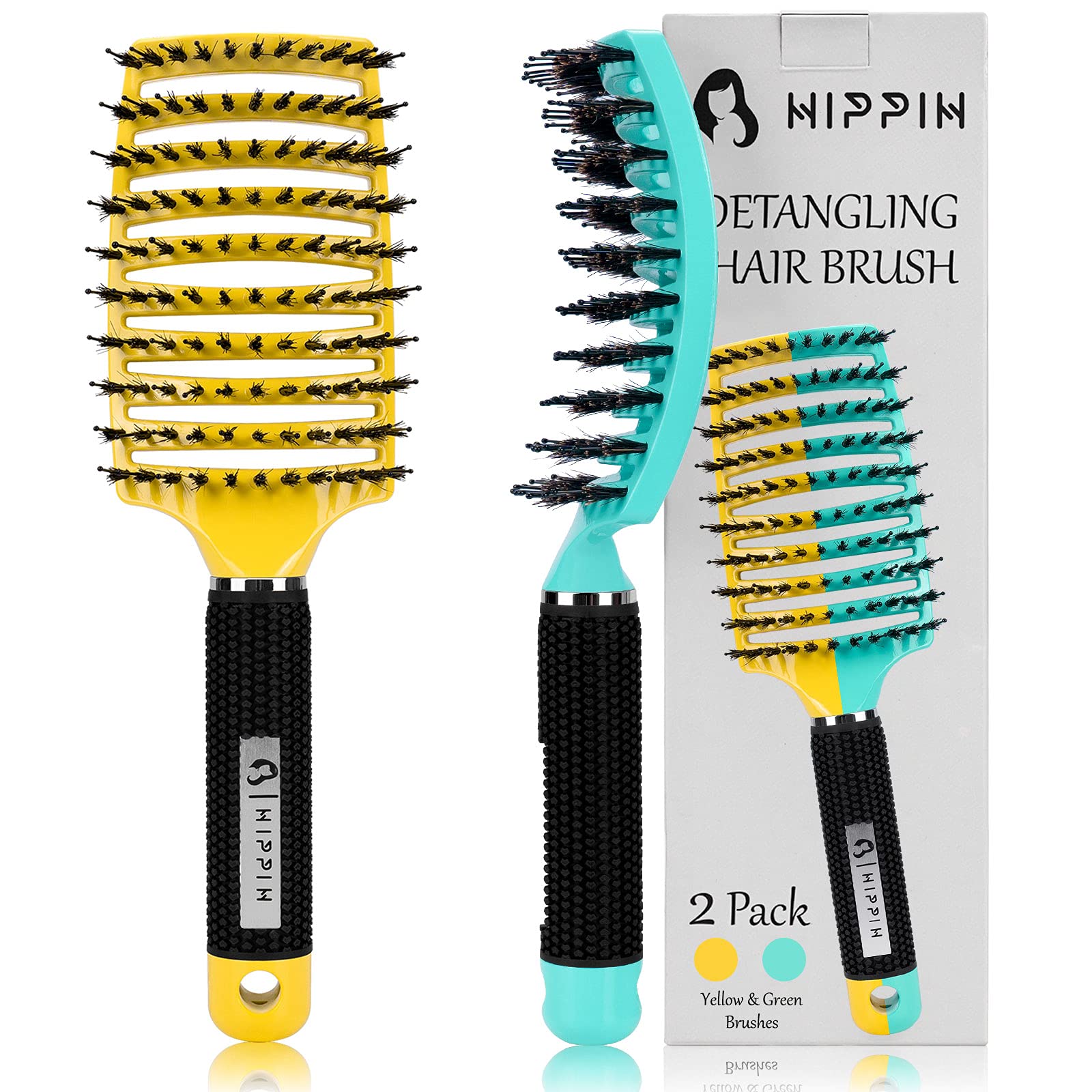 Detangling Brush 2 Pack, HIPPIH Boar Bristle Hair Brush for Women, Men &  Kids' Wet or Dry Hair, Magic Brush for Long curly Thick Hair Can Adds Shine  and Makes Hair Smooth
