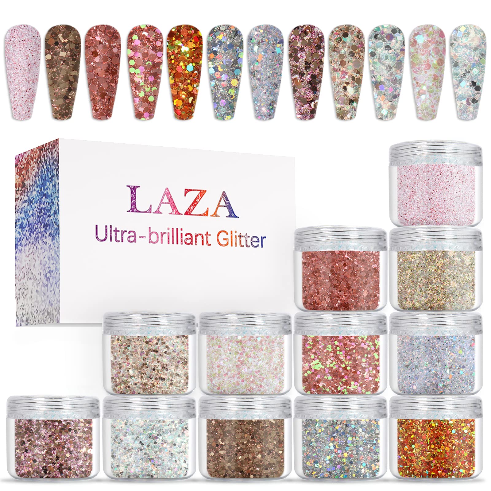 12 Color Flash Laser Chunky Nail Glitters 50g/Bag Bulk Mixed Hexagon Flakes  Gloss GLITTERS for Nail Polish Decoration Art*-PD0Y*