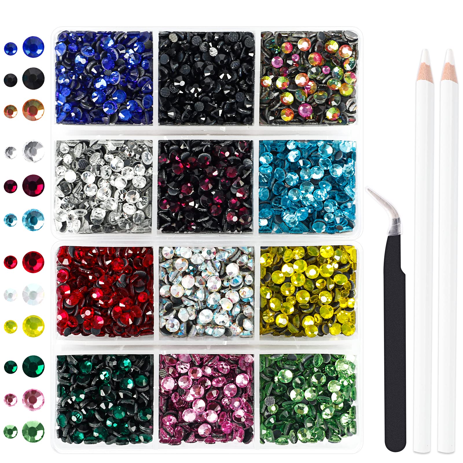 OUTUXED 5400pcs Multicolor Rhinestones 12 Mixed Color Hotfix Rhinestones  Flatback Gemstones and Crystals for Crafts Clothes with Tweezers and 2  Picking Pens