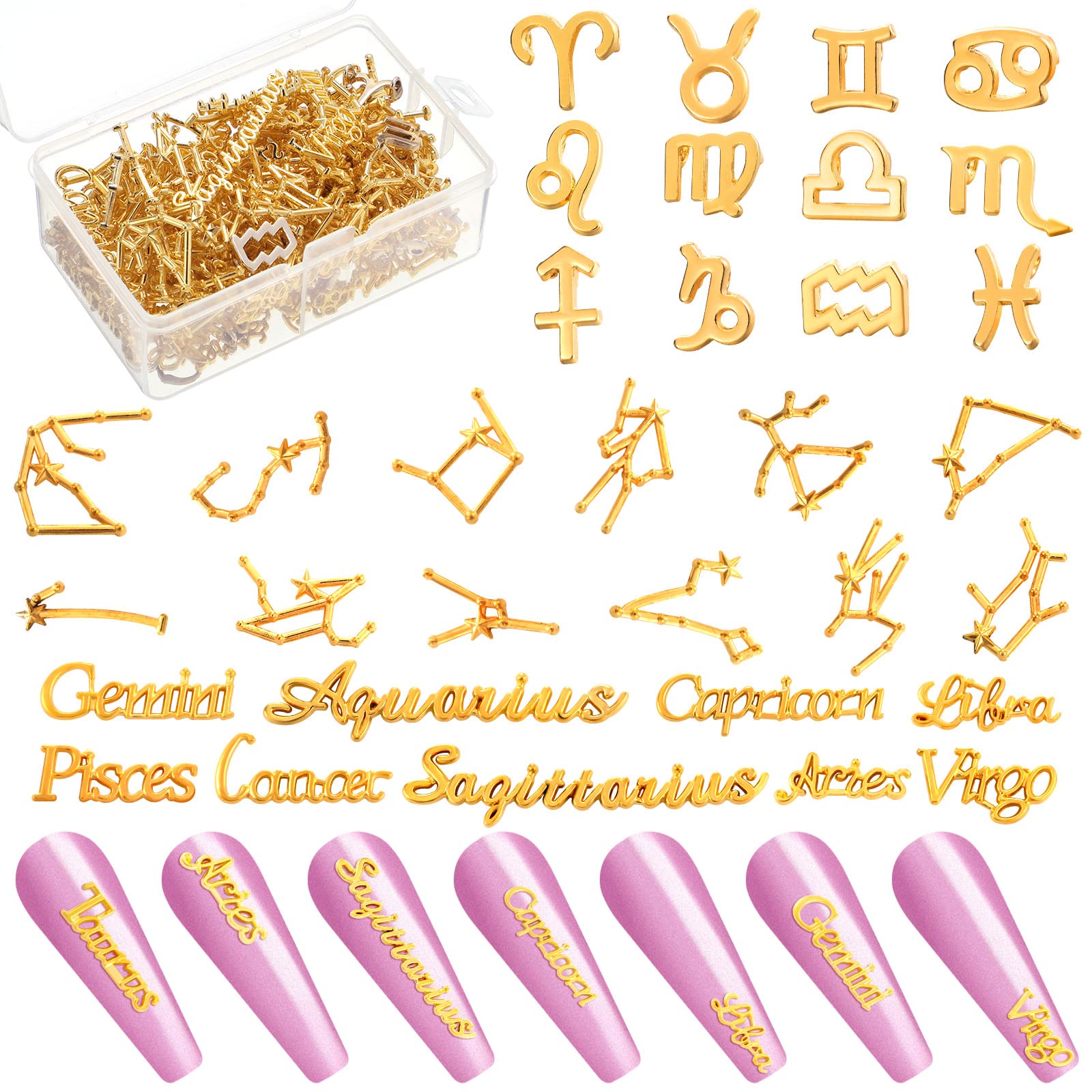 156 Pieces Nail Charms Alloy Zodiac Charms Word Message Flat Back Charms 12  Constellations Gold Zodiac