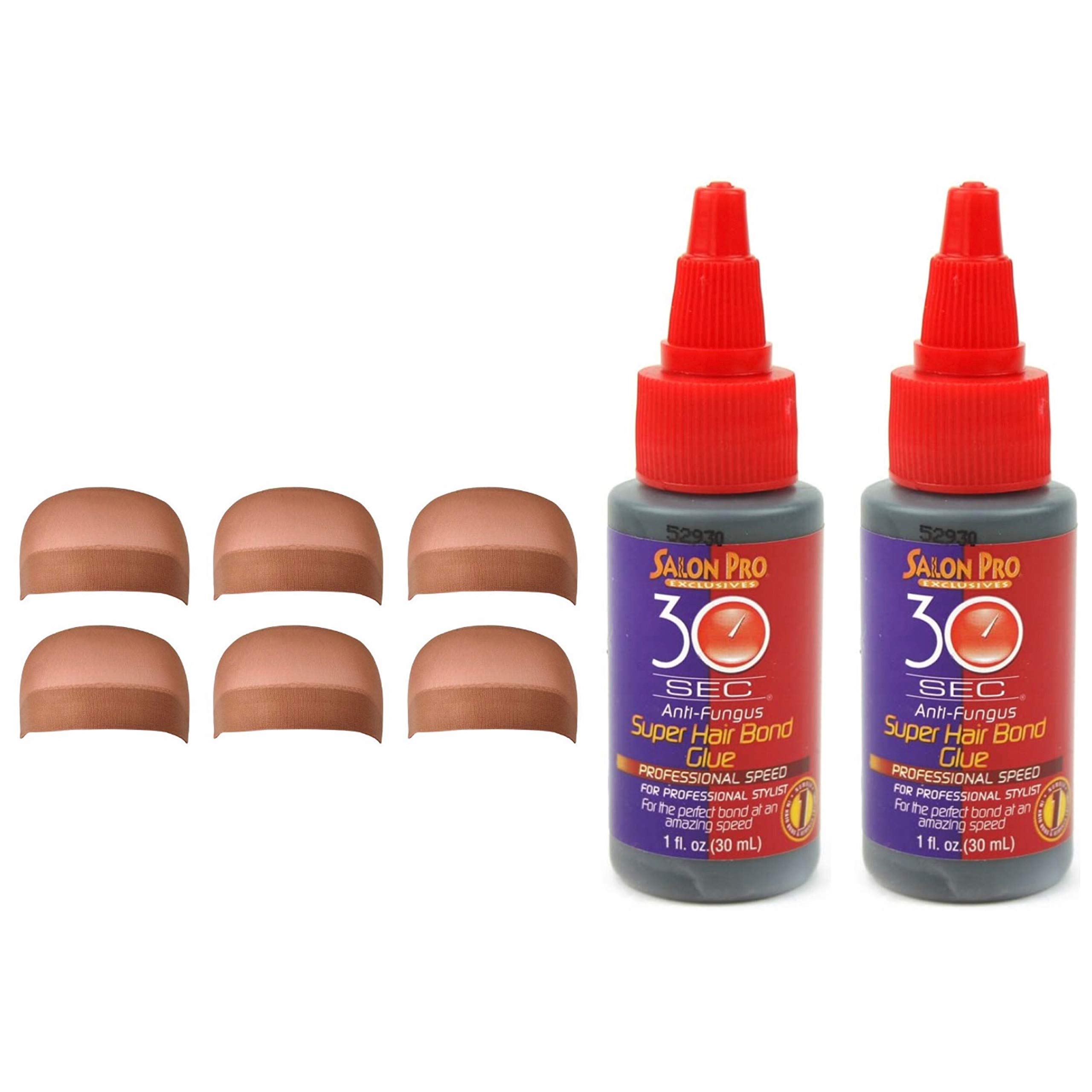 IGS 6 Pack Skin Tone Light Brown Wig Caps (Including Salon Pro 30 Second Bonding  Glue