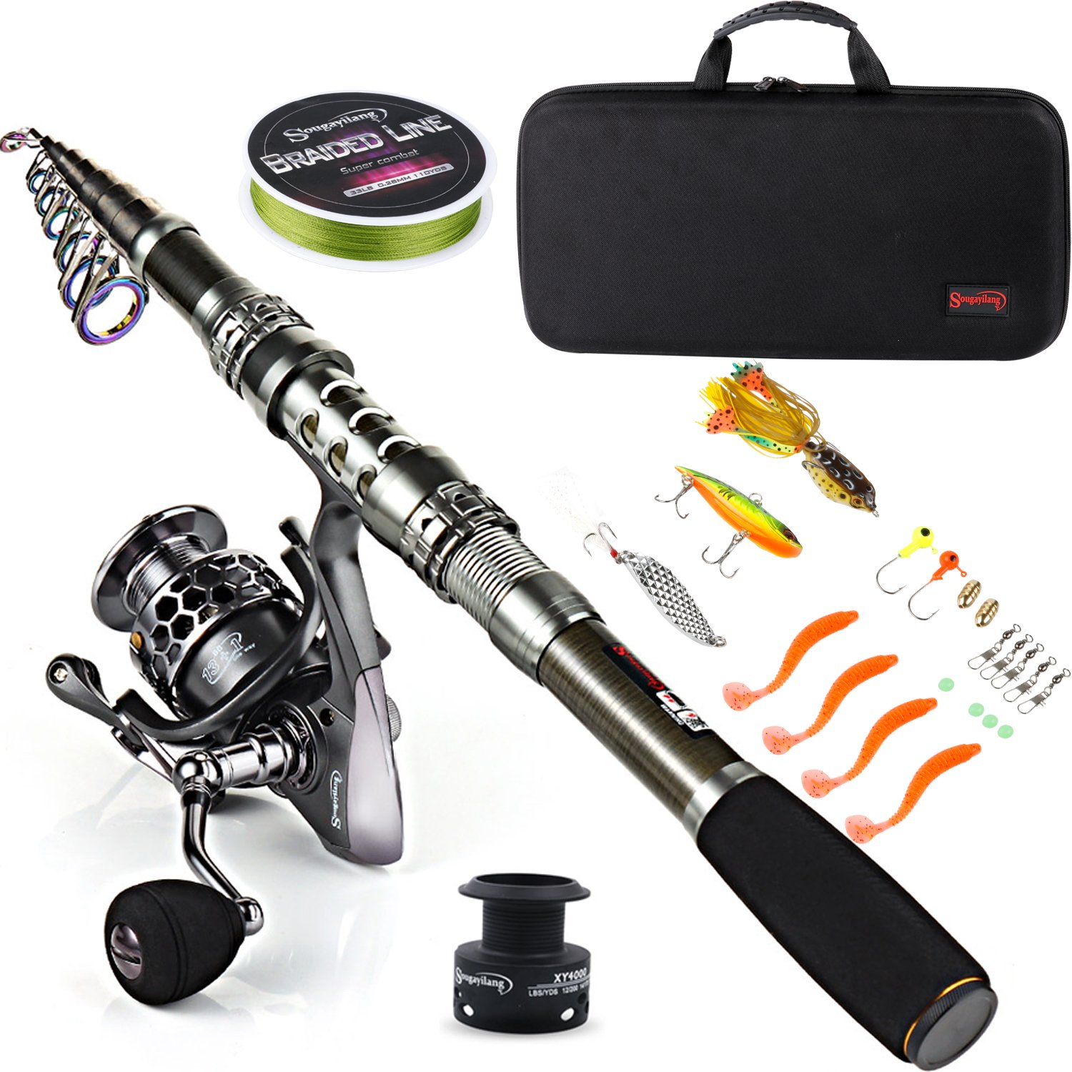 PLUSINNO Fishing Rod and Reel Combos Set,Telescopic Fishing Pole with  Spinning Reels, Carbon Fiber Fishing Rod for Travel Saltwater Freshwater