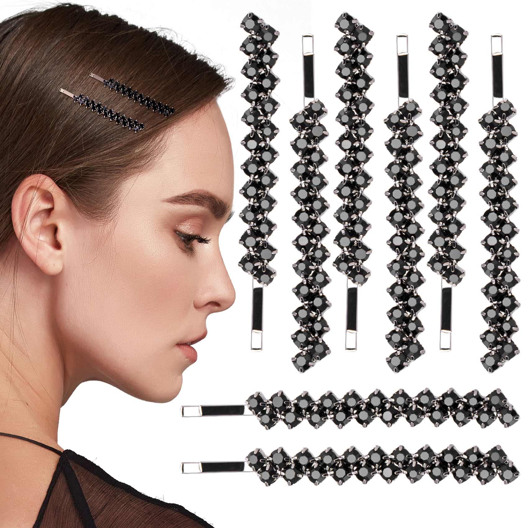 OIIKI 8PCS Black Rhinestones Hair Pins - Crystal Bobby Pins