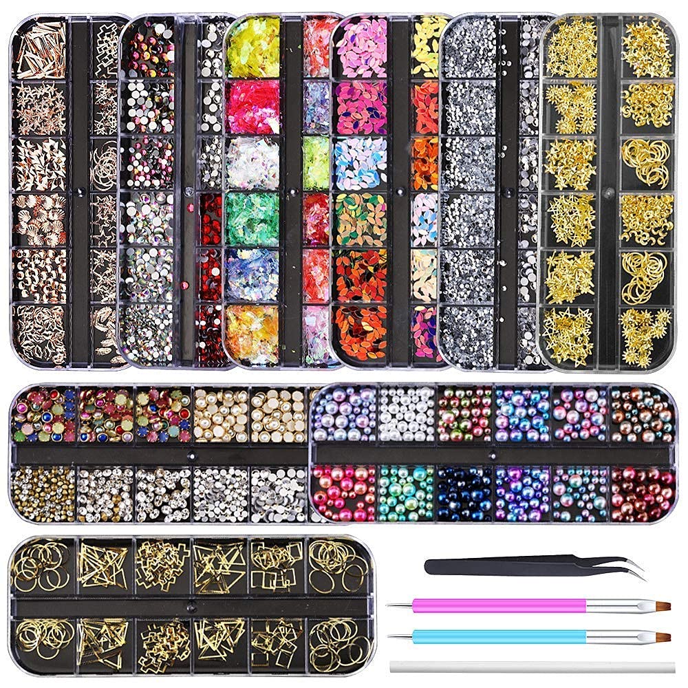 Artdone 9 boxes Nail Rhinestones,Nail Gems Nail Diamonds,Nail Art Studs  Nail Crystals Nail Sequins for Nails Kit with 1 Tweezers and 3 Pen for Nail  Art Supplies Accessories 9boxes