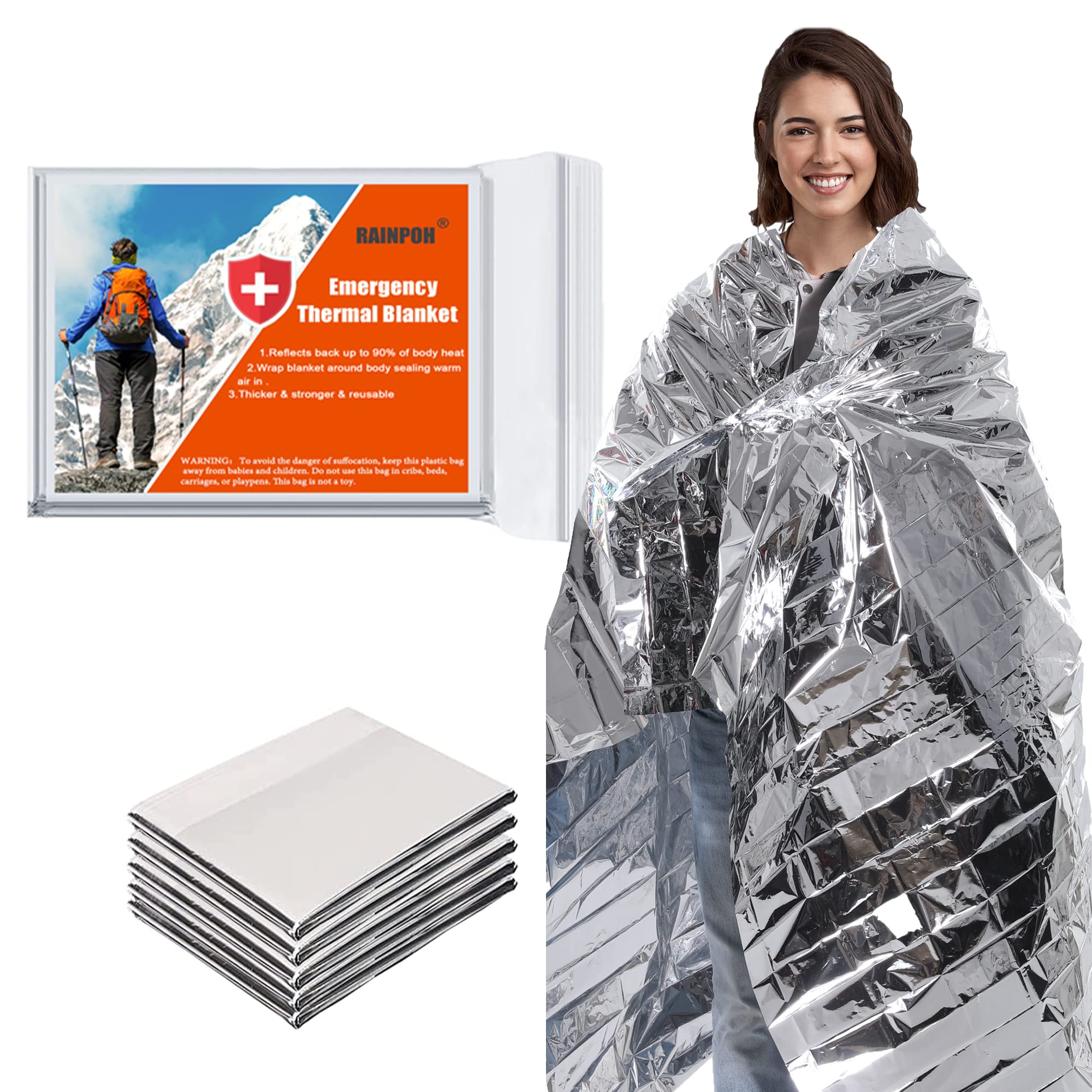RAINPOH Emergency Mylar Thermal Blanket 82 * 64 in(10 Pack), Gigantic Space  Blanket, Survival Blankets Heavy Duty Camping Gear, First Aid, Silver