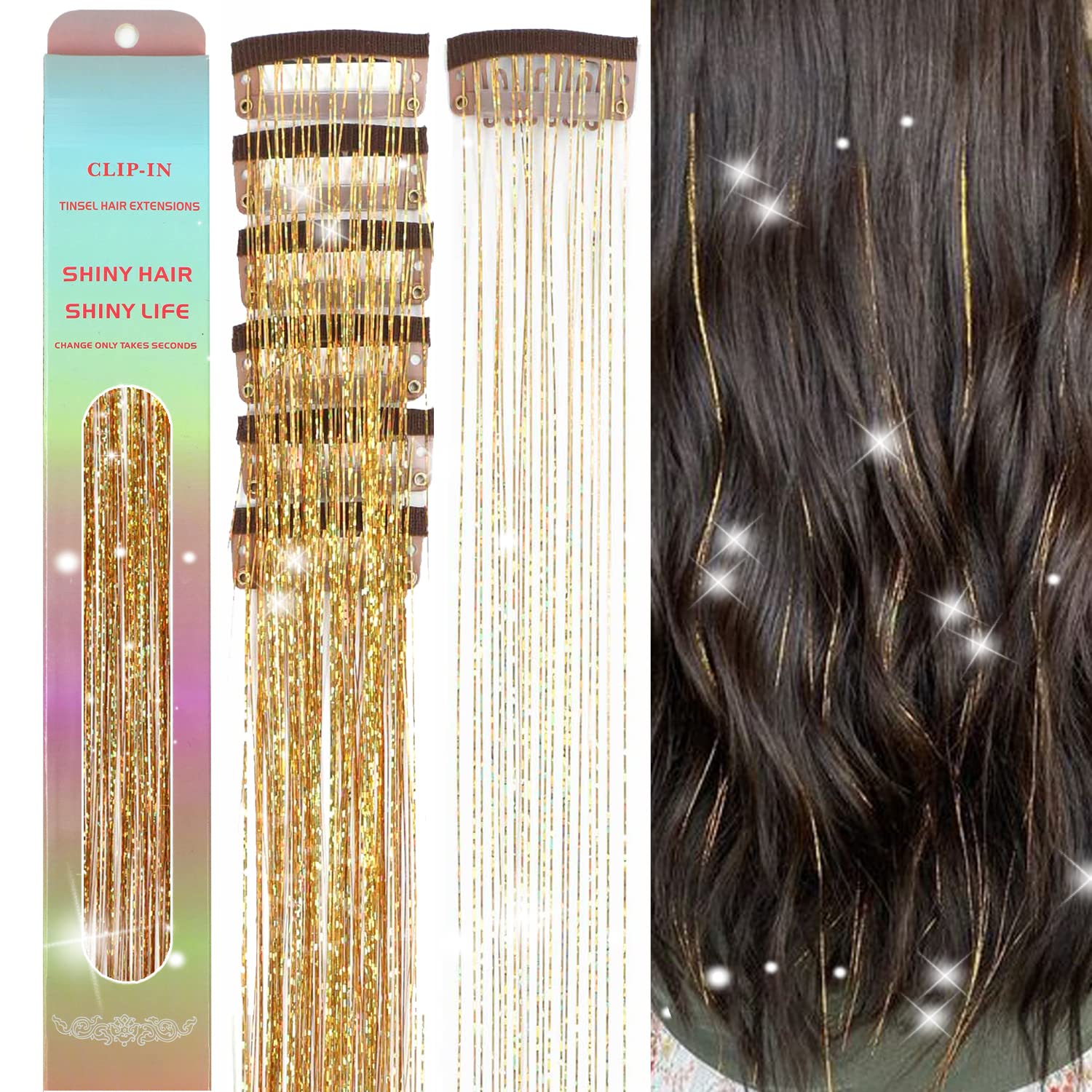 Hair Tinsel Clip In 23.6inch Fairy Hair Clip in Hair Tinsel Glitter Hair  Extensions Gold Hair Tinsel Heat Resistant Clip in Hair Extensions Hair  Accessories For Women Kid Girls 6Pcs Clip in