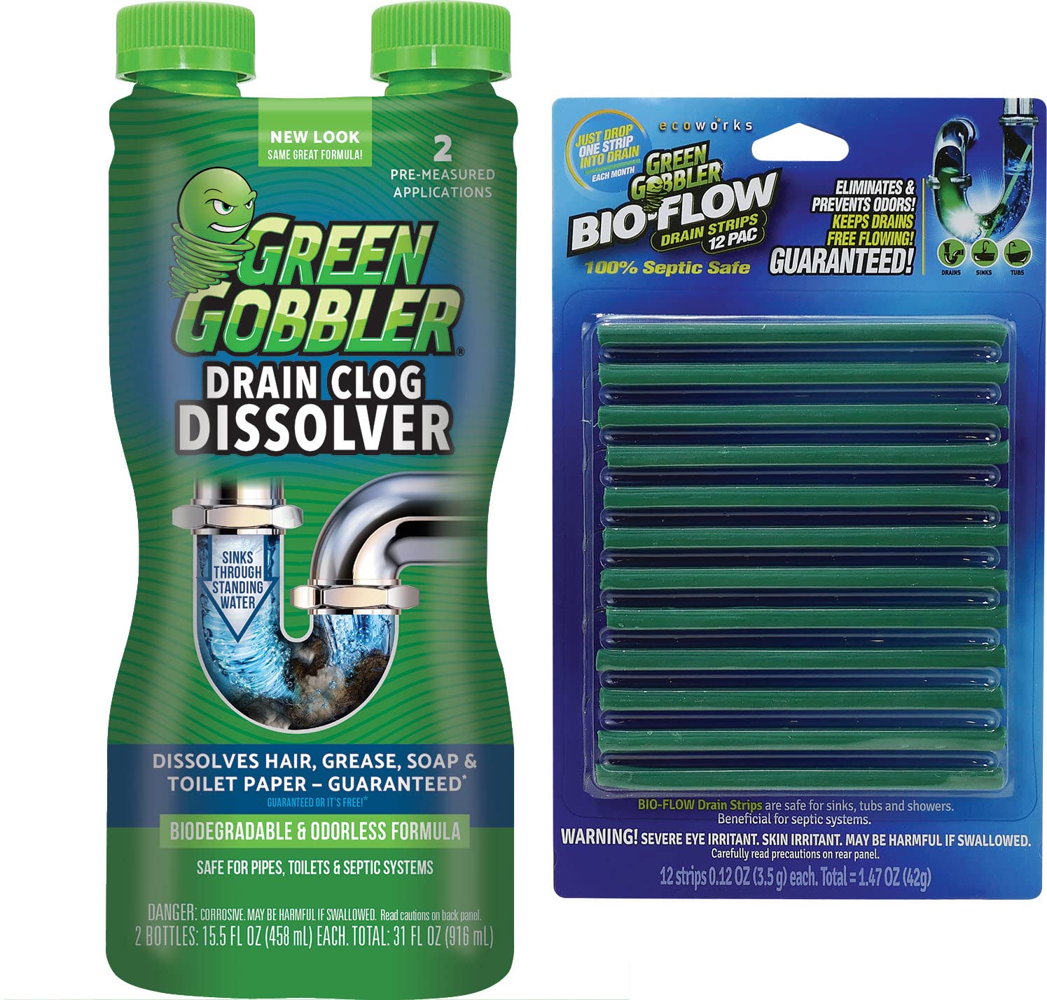 Green Gobbler Liquid Hair Drain Clog Remover, For Toilets, Sinks, Tubs &  BIO-FLOW Drain Strips, 12 Pack