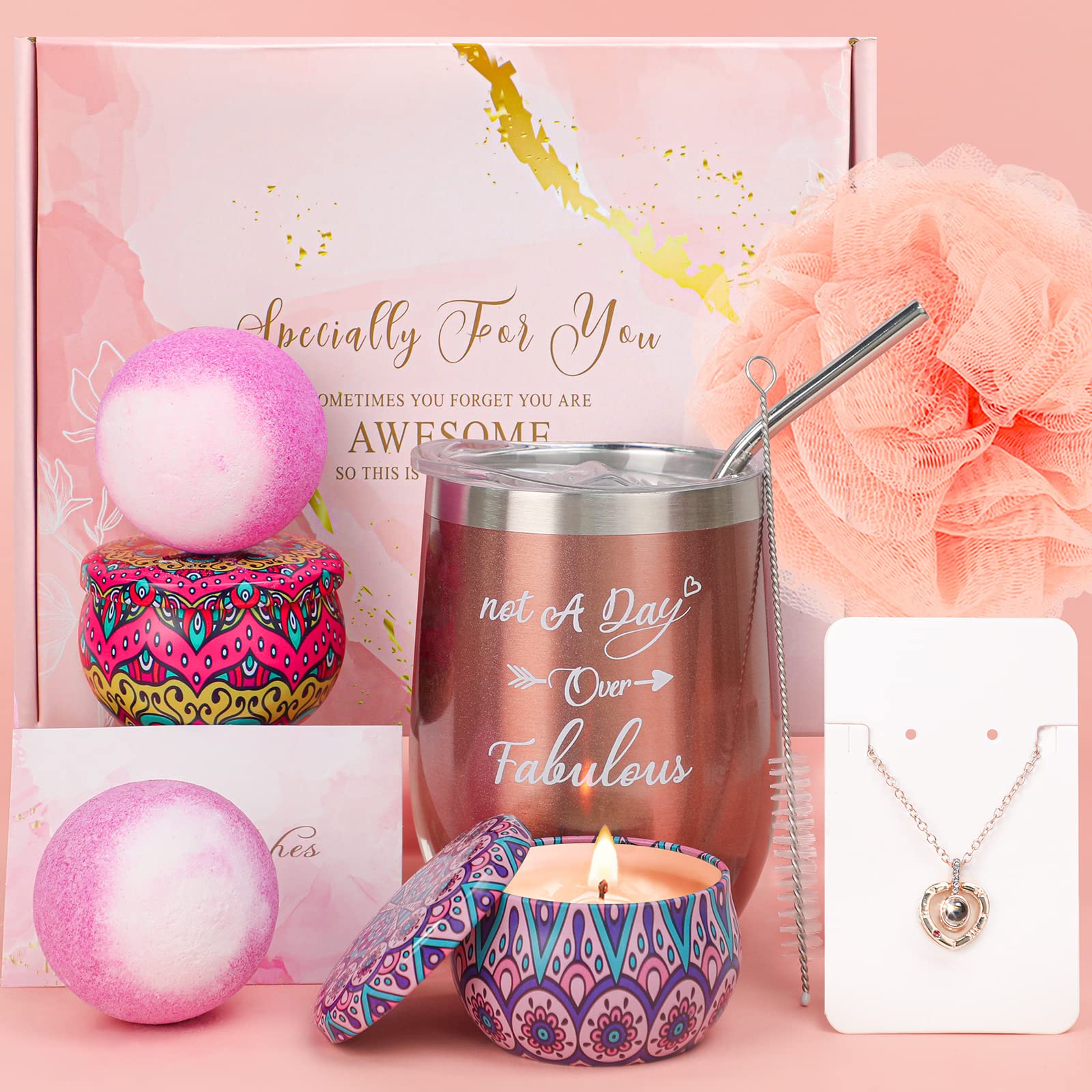 UPOFFICIS Birthday Gift for Women Gifts for Women Grandma Wife Sister Girlfriend Friend Aunt Teacher Wine Tumbler Necklace Relaxing Spa Gift Box