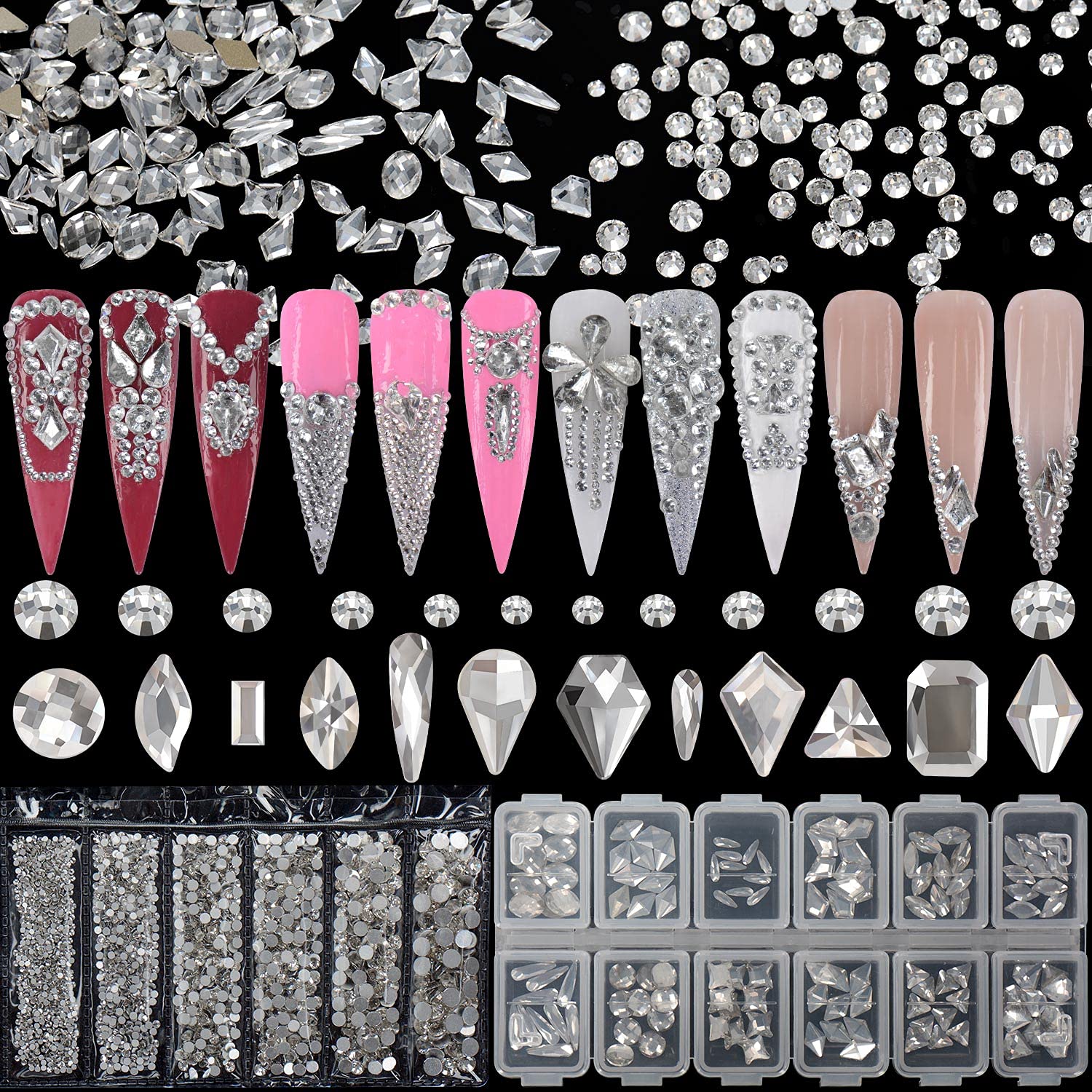 Warmfits 1840pcs Clear Crystal Nail Rhinestones Set Nail Art Rhinestone  Nail Art Gems 9K Clear Class