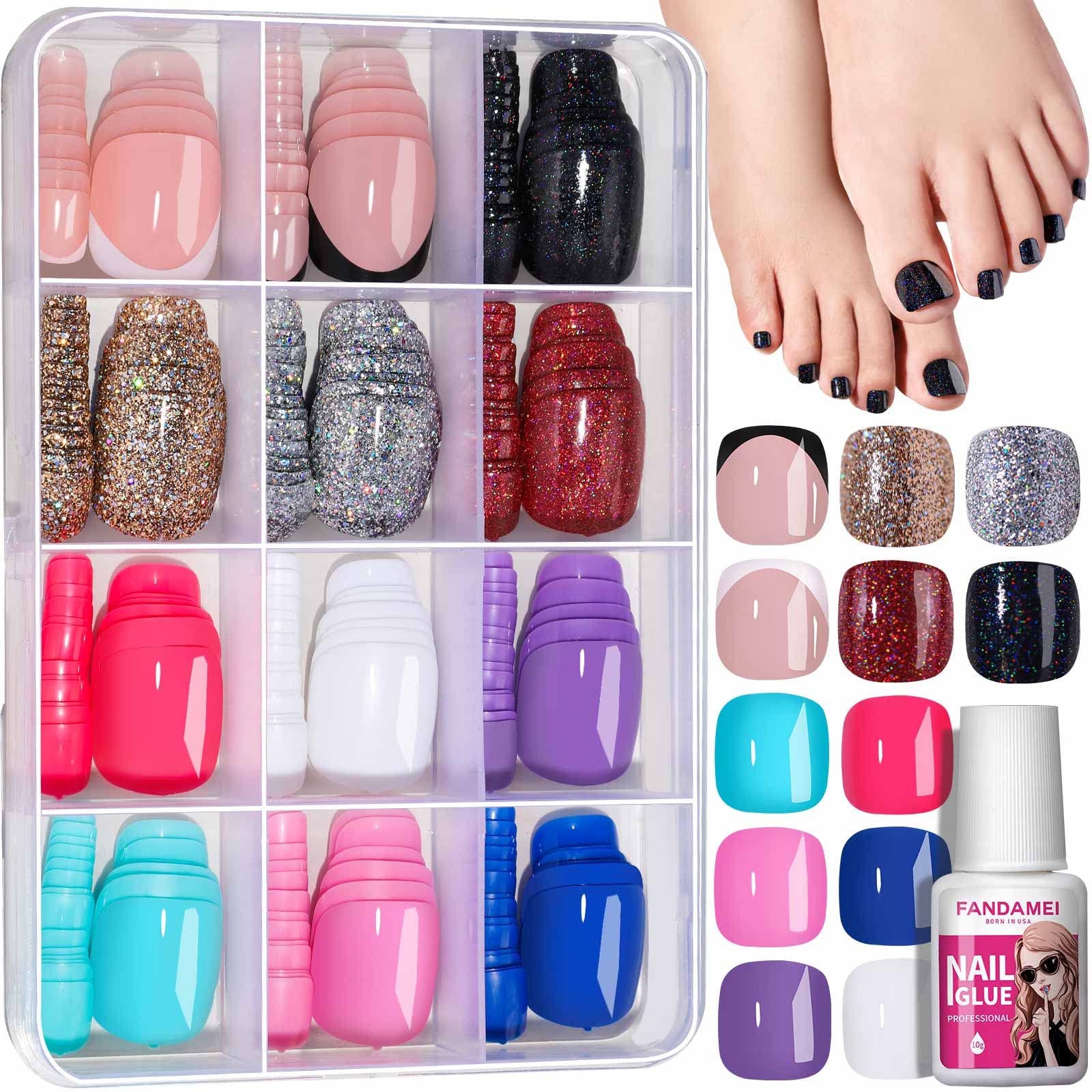 24pcs/set Short Square Shaped Solid White With Fine Glitter Powder Full  Cover False Nails For Both Women And Girls, Suitable For Pedicure And  Manicure