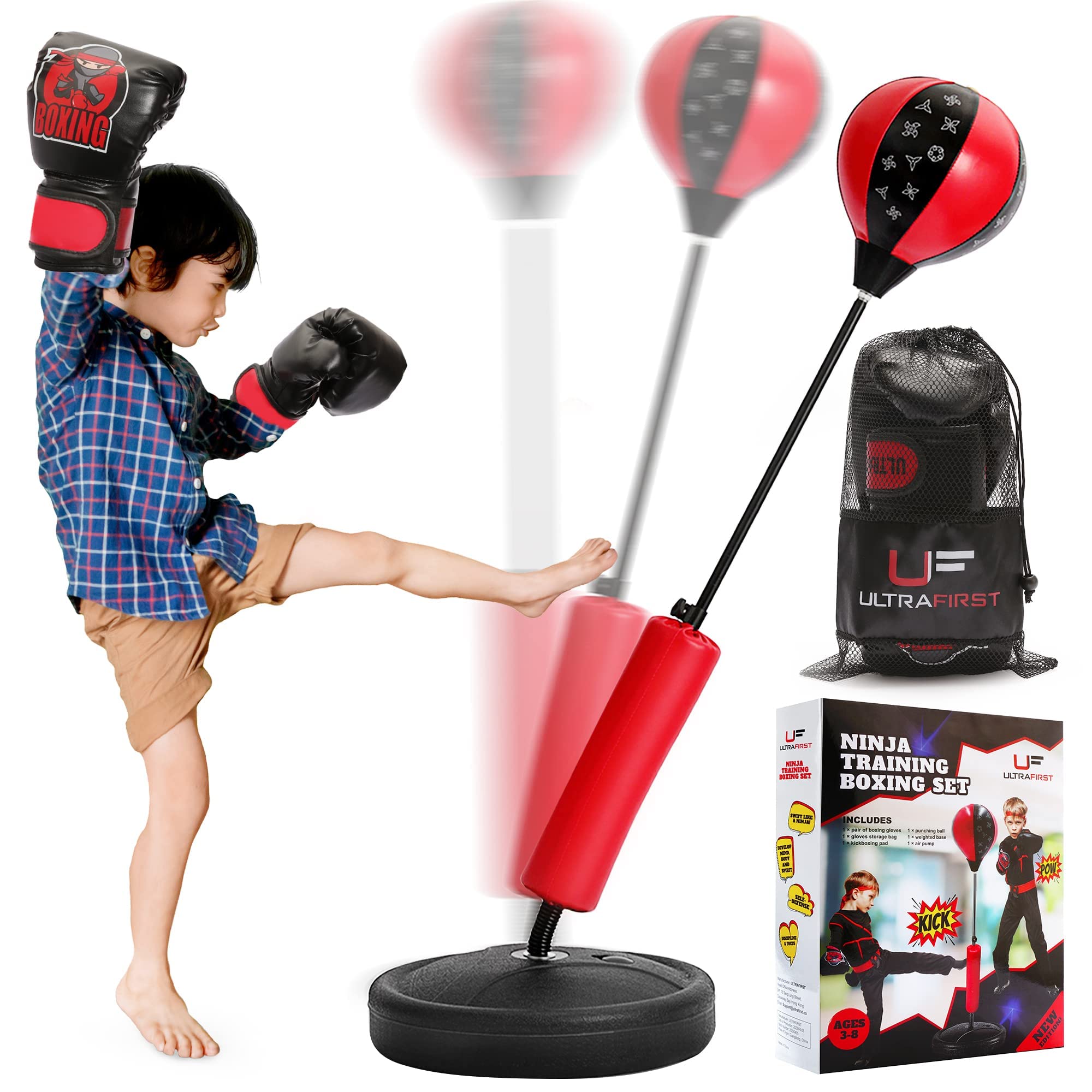 Signature Fitness Punching Bag with Base for Kids 3-10 Easy to Assemble  with Boxing Gloves