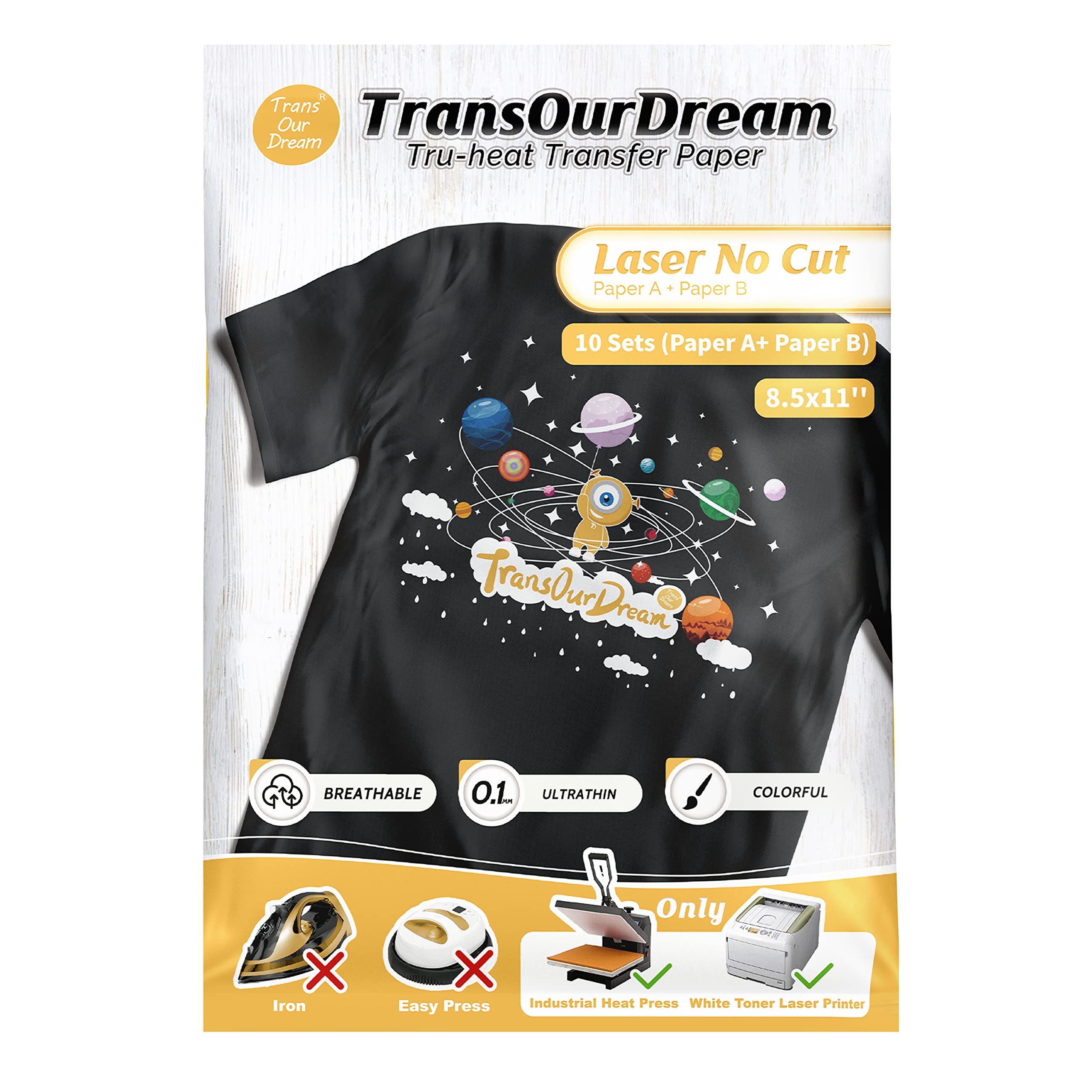 TransOurDream Laser No-Cut Dark Heat Transfer Paper for T Shirts (A+B  8.5x11 10 Sets) Self-Weeding Iron on Transfer Paper for Laser Printer with  White Toner