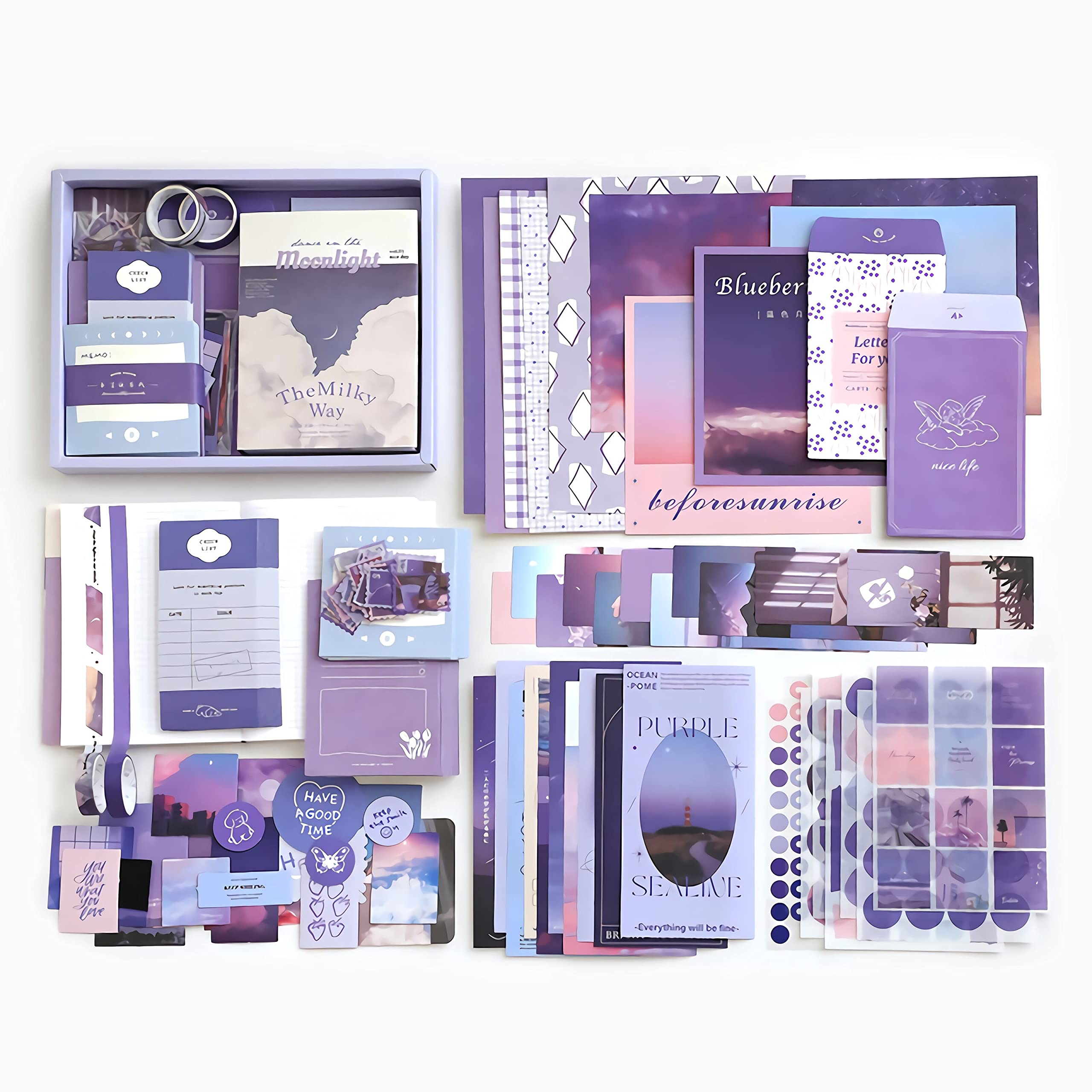 LA QUEENIE Aesthetic Scrapbook Kit,326pcs Scrapbooking Supplies Kit,Art Journaling  Supplies with Stationery,A6 Grid Notebook,Scrapbook Gift for Teen Girl  Kid(Purple) purple B