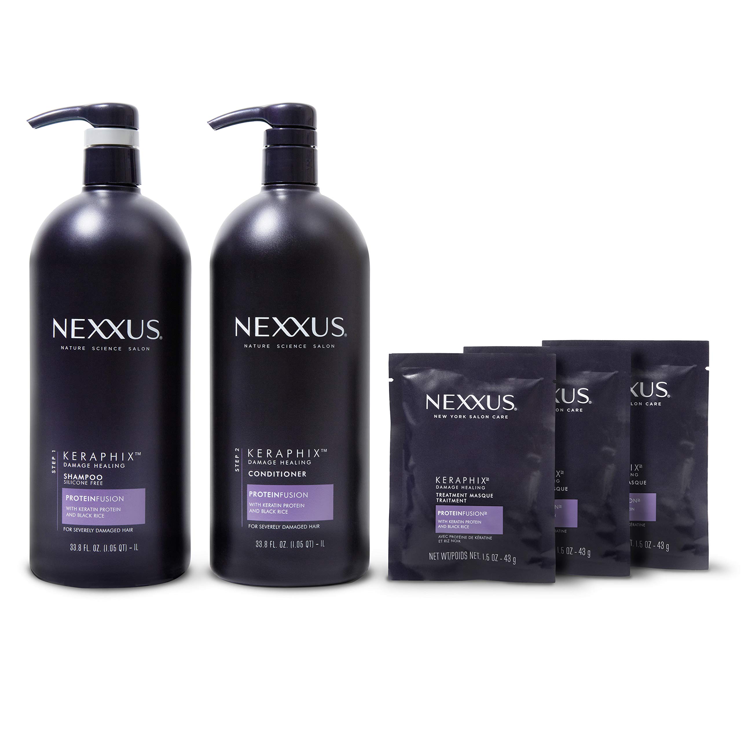 Nexxus Keraphix Shampoo and Conditioner + Repair Treatment Masks for  Damaged Hair, Black, 33.8 Fl Oz (2 Count) + 1.5 Oz (3 Count), Total 5 Count  (Pack of 1)