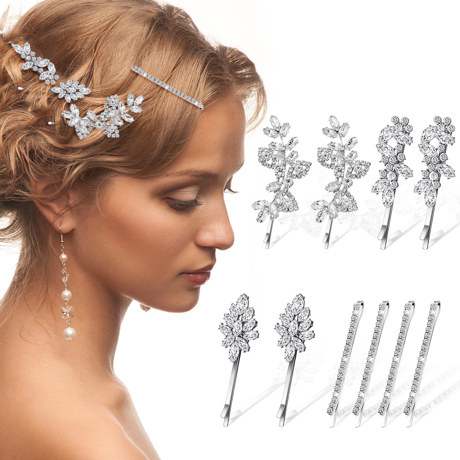 Taolema 10 Pieces Rhinestone Bridal Hair Clip Crystal Bobby Pin Hair Pins  Silver Flower Leaf Feather