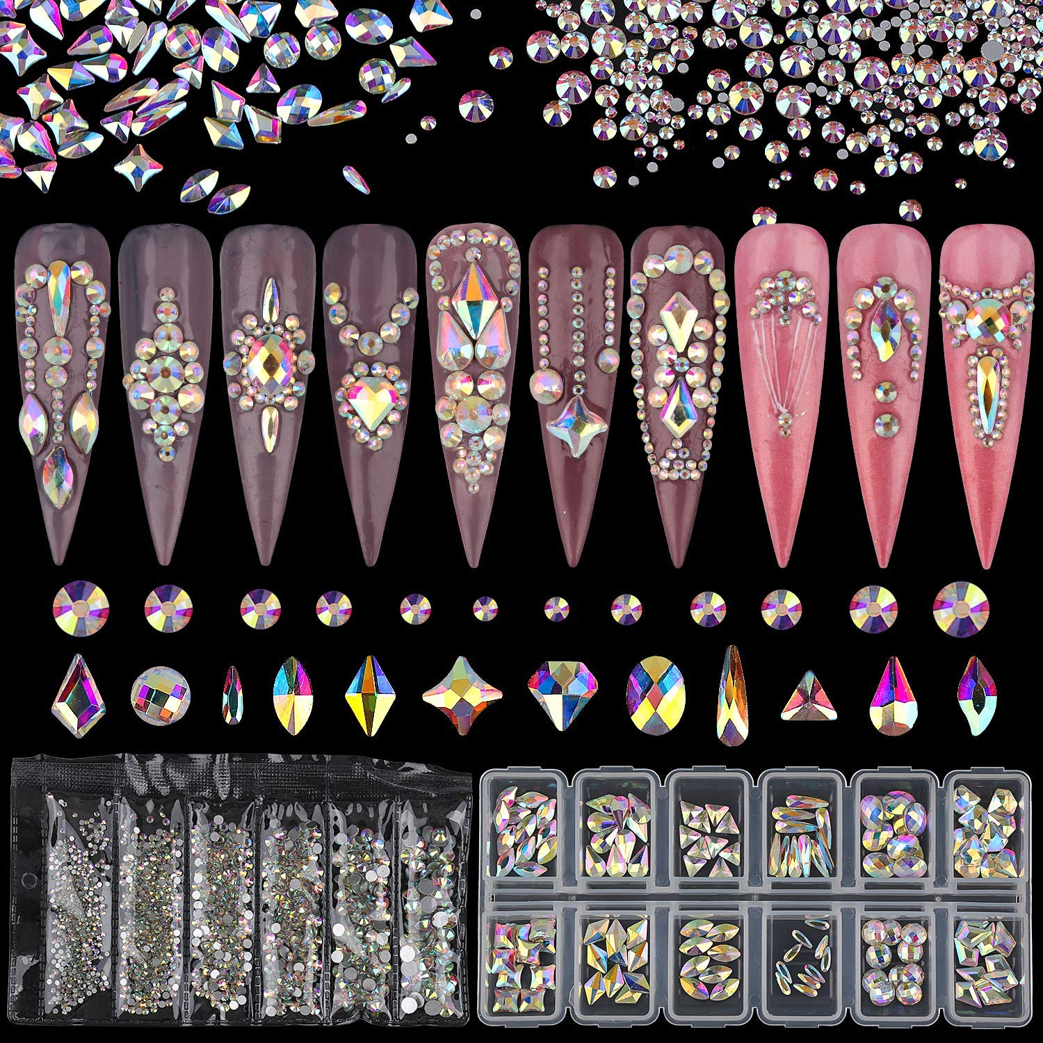Warmfits AB Crystal Rhinestones Set 1840pcs Rhinestones Nail Art Set Nail  Gems Iridescent Clear Class Multi