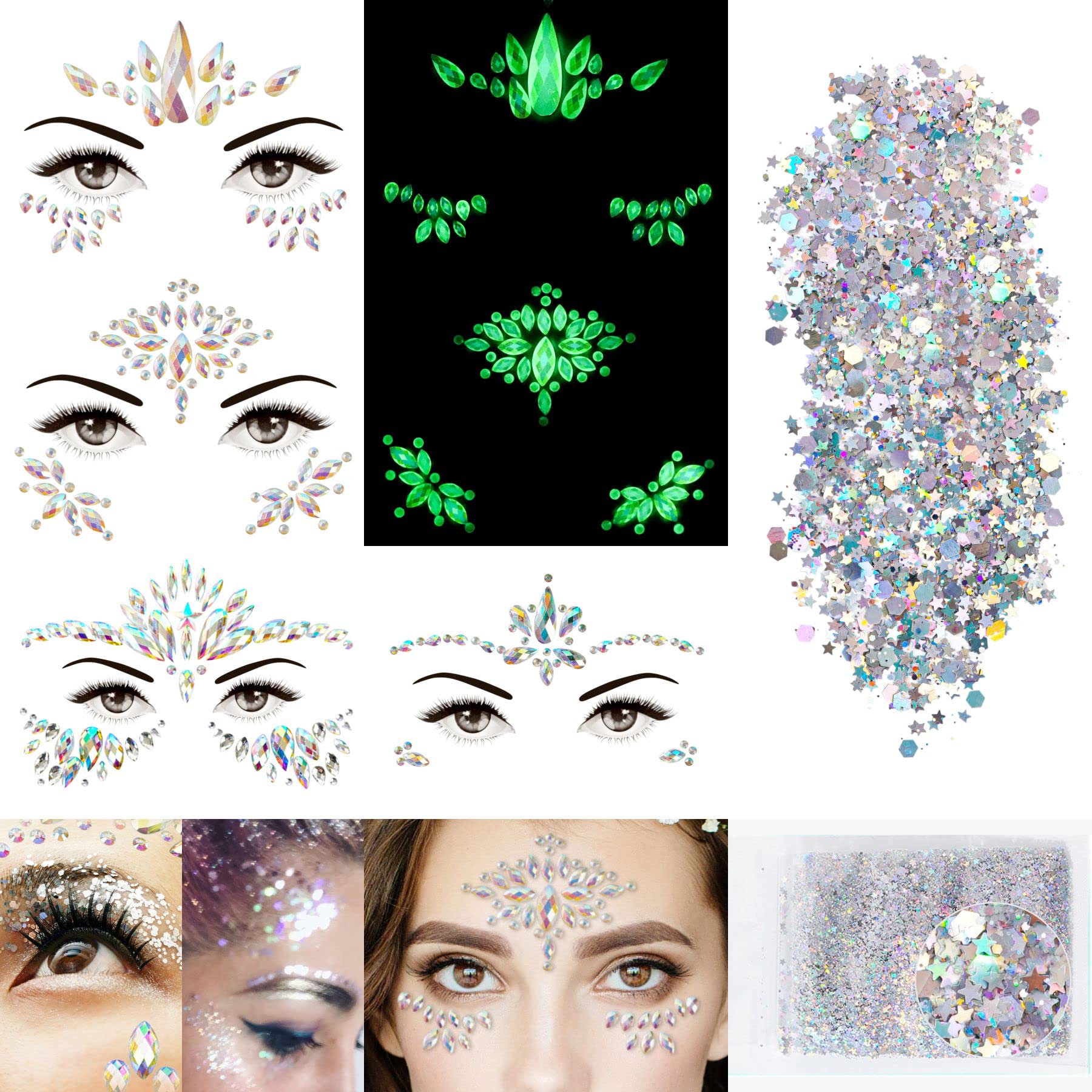4 Sheets Euphoria Face Jewels Gems+10g Chunky Glitter, Self-Adhesive  Rhinestones Stickers-Luminous Gems