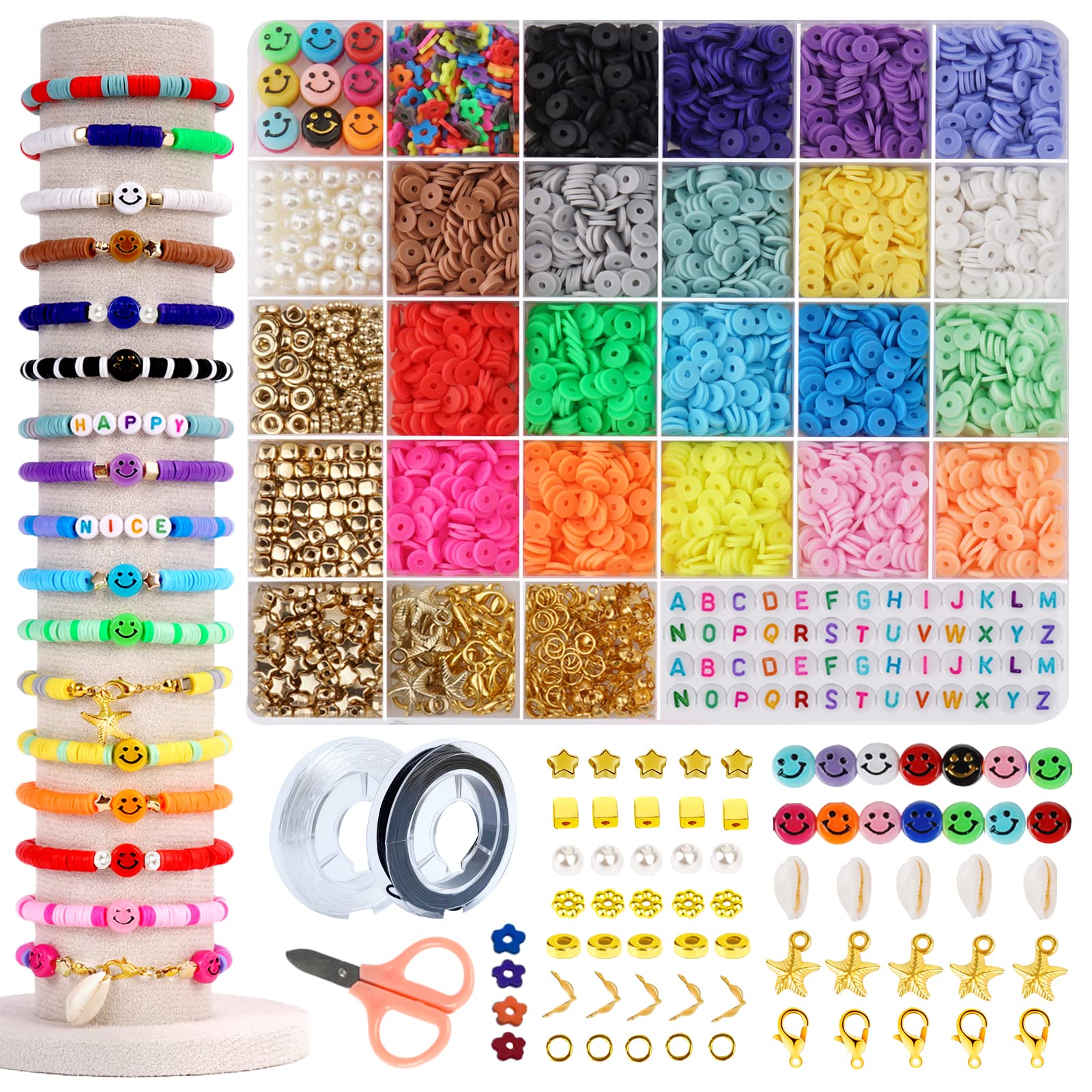 LZOUOWO 5300 Clay Beads for Bracelets Making Aesthetic Kit with Smiley Face  Beads Polymer Clay Flat Beads for Bracelets Set Heishi disc Beads and  Letter Beads for Girls Ages 8-12 5300pcs