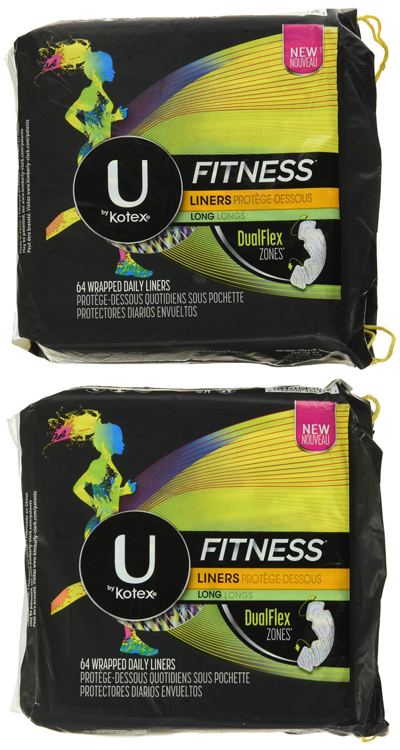 U by Kotex Fitness Liners Long 64 Wrapped Daily Liners (Pack of 2)