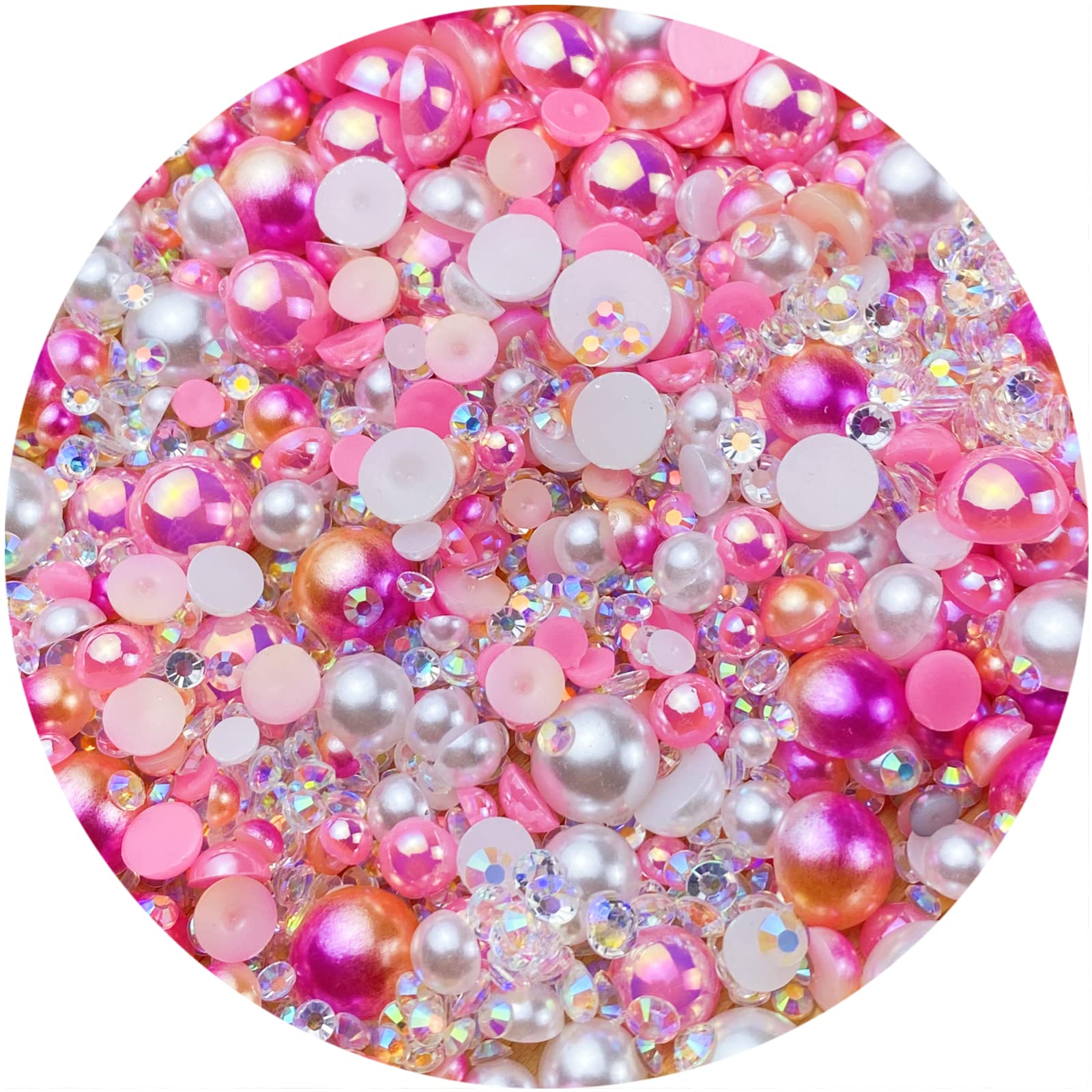 1 Box 90g 3D Mixed Pearls and Rhinestones Pink White Flatback Rhinestones  and Pearls 3mm-8mm Mixed Sizes Half Pearls and Rhinestones for Nails Face