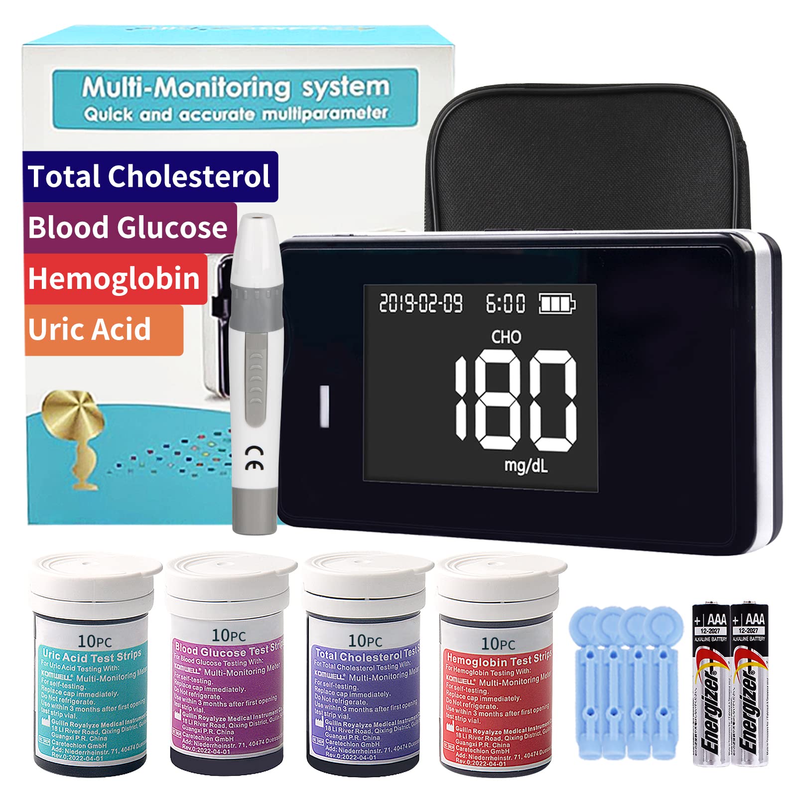 Accu-Answer 4 in 1 Hemoglobin Test Meter Kit Hemoglobin Tester Cholesterol Test  Kit Uric Acid Test Kit 40 Test Strips Total Included. No Code Need Accurate  and Fast