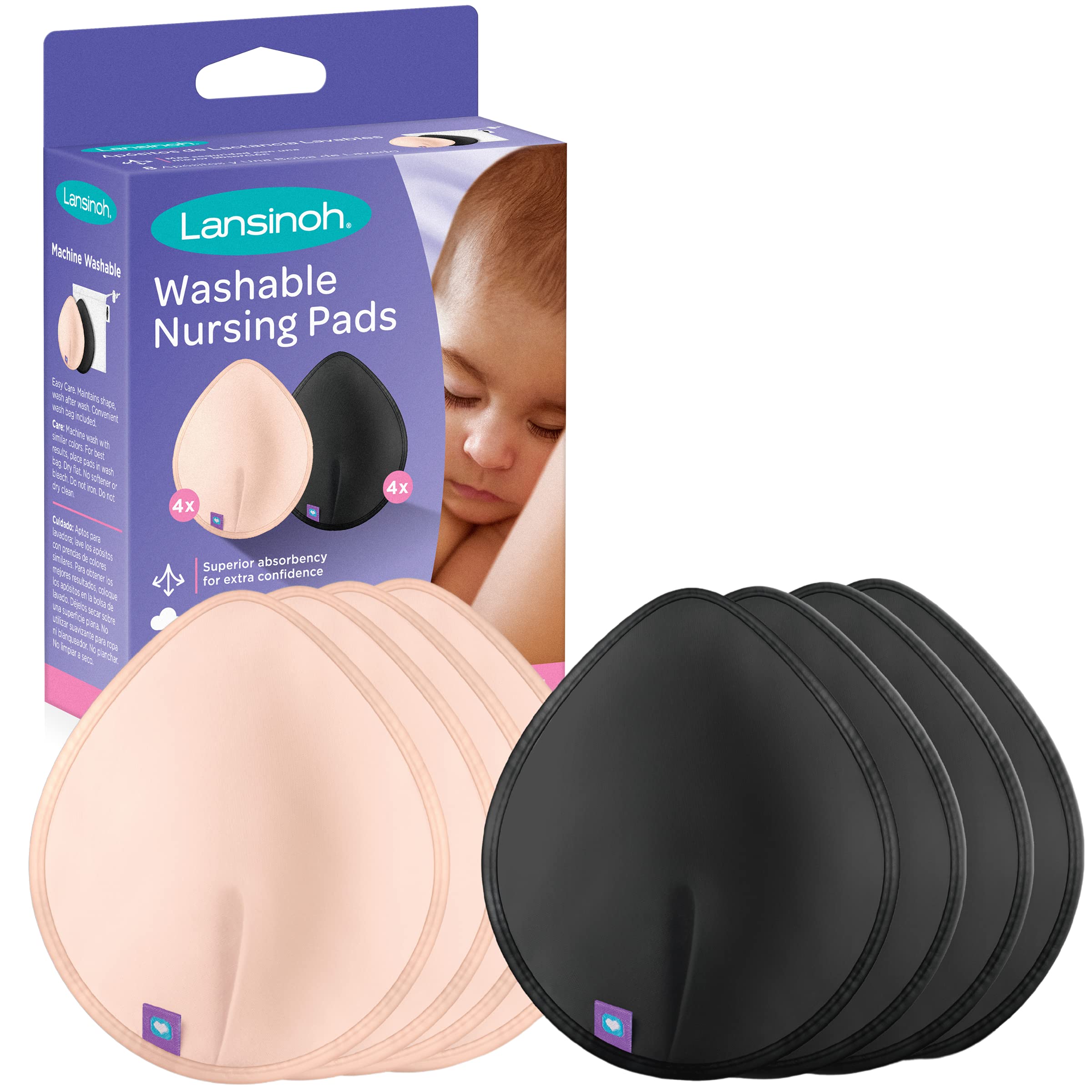 Lansinoh Reusable Nursing Pads for Breastfeeding Mothers, 8 Washable Pads,  Pink and Black, Includes Mesh Wash Bag