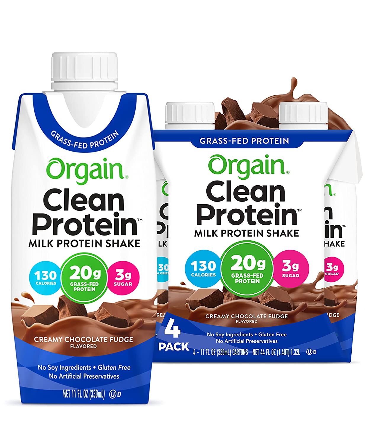 Orgain Grass Fed Clean Protein Shake - Creamy Chocolate Fudge - 11 Oz. -  Pack of 4