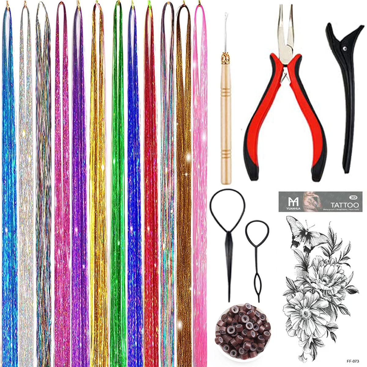 12 Colors Hair Tinsel Kit 36 Inches 2400 Strands Tinsel Hair Extensions, Human Hair Extensions + 2pcs Crochet Needles and Wire Loop +100pcs