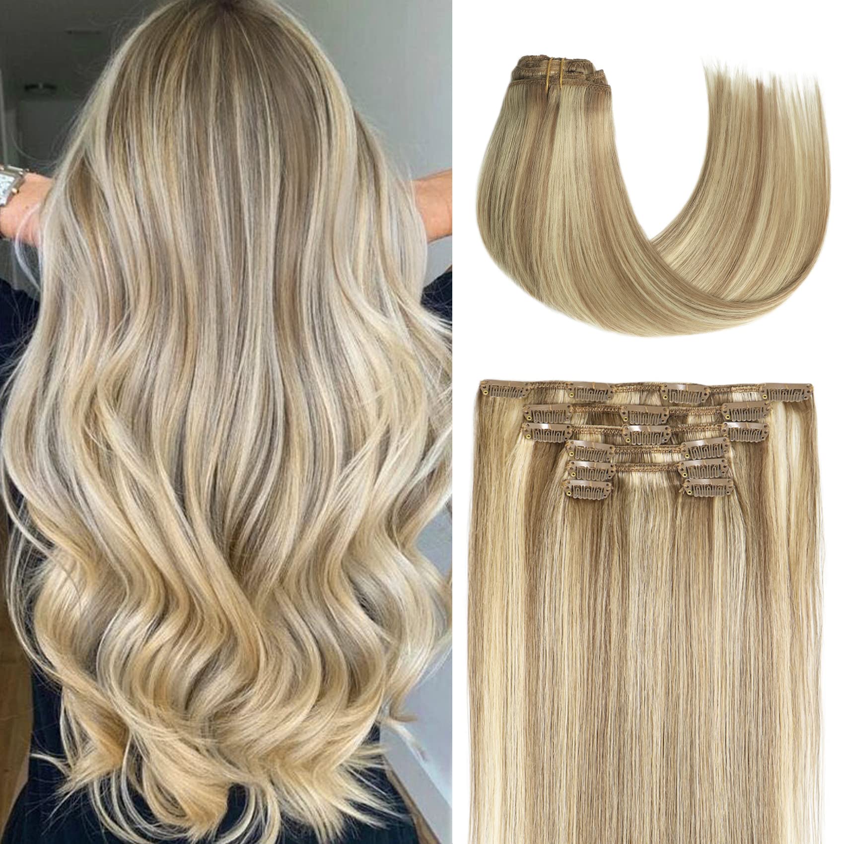 Hair Extensions Clip In Hair Extensions Real Human Hair Balayage Hair  Extensions Mixed Bleach Blonde 15inch 70g 7pcs Honsoo Real Human Hair  Straight Silky Blonde For Women Natural Hair(15