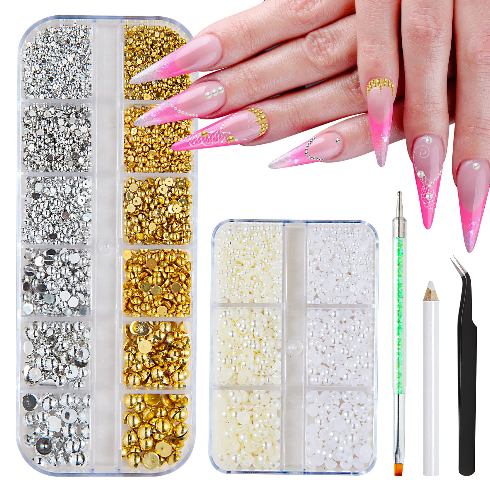 5600 PCS Nail Art Pearls Flatback Pearls 2 Boxes Multi Size Gold