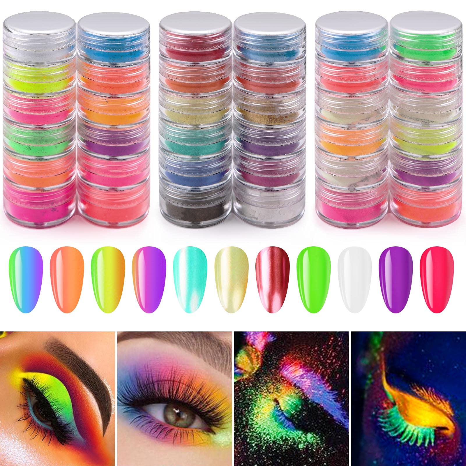 36 Colors Nail Pigment Powder EBANKU Colorful Fluorescent Powder Iridescent  Glitter Pearlescent Luminous Powder Neon Eyeshadow
