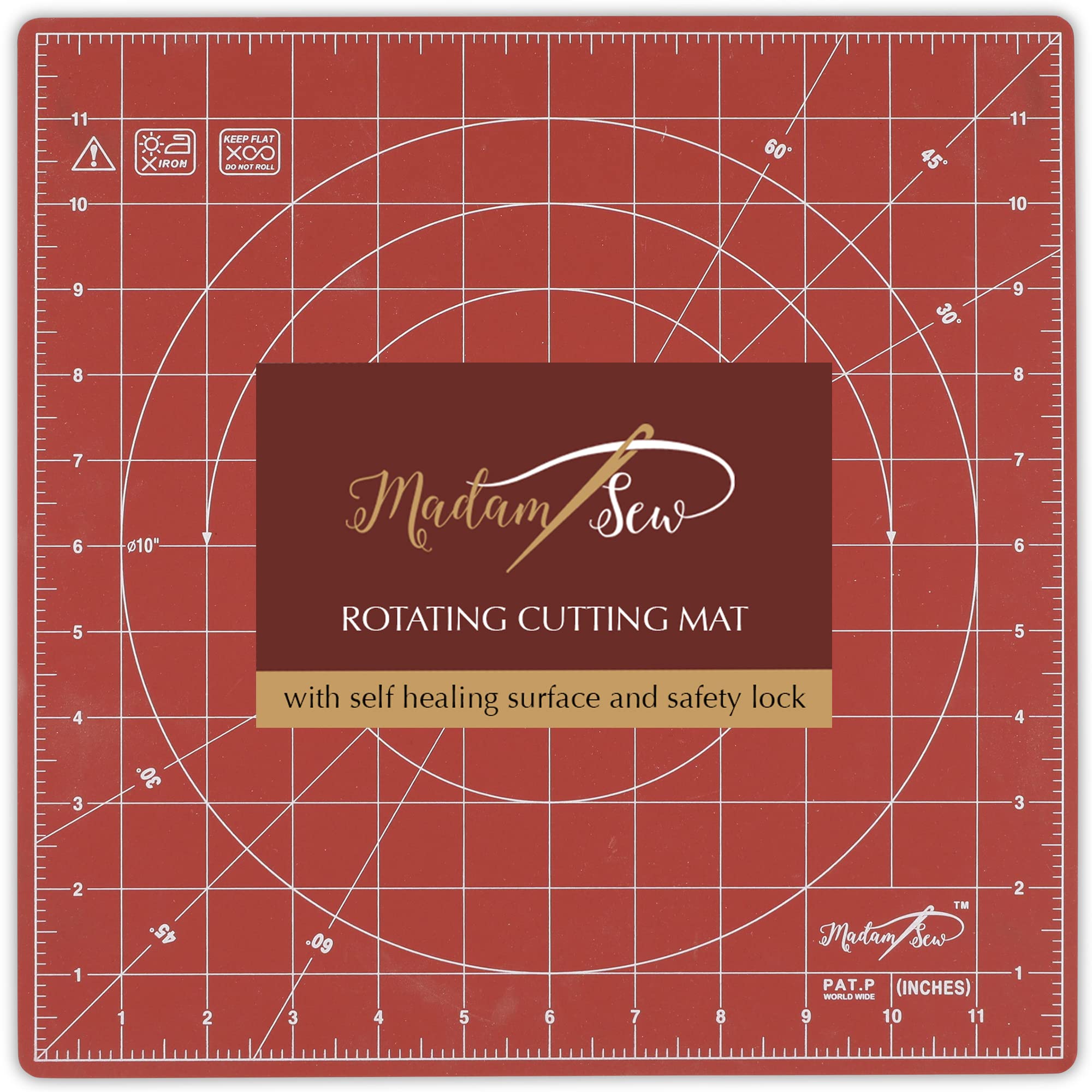 Madam Sew Self Healing Cutting Mat, 12x12 Rotating Cutting Mat for Quilting,  Sewing and Crafts Features 360 Degree Rotation, Lockable Non-Slip Base and  Accurate Grid and Bias Lines for Precise Cuts