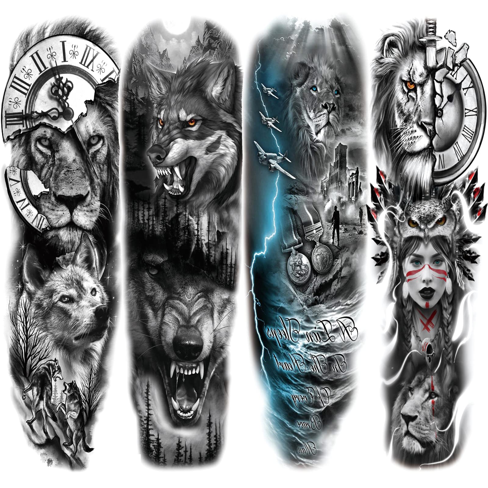 Briyhose Lion Wolf Temporary Tattoo Sleeve Large Full Arm Animal Tribal Fake Tattoos Sleeve For Men Women Adult Long Lasting Black Arm Temp Tatoo Sticker Leg Body Art Makeup 4-Sheet