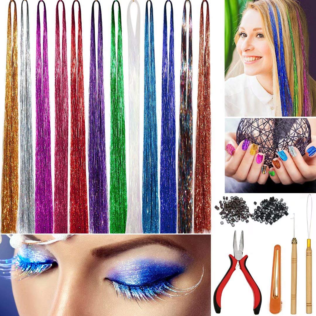 Hair Tinsel Strands Kit 12 Colors 2400 Strands Tinser Hair