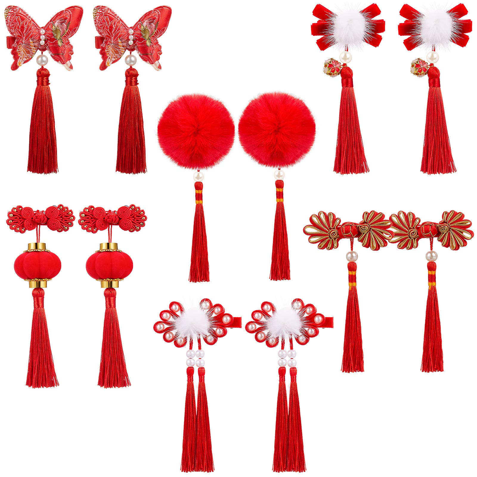 6 Pairs Baby Girls Chinese Style Hair Clips New Year Hairy Furry Balls  Barrettes Tassels Qipao Hair Pins with Bows Lantern Butterfly Decor for  Christmas Spring Festival Red