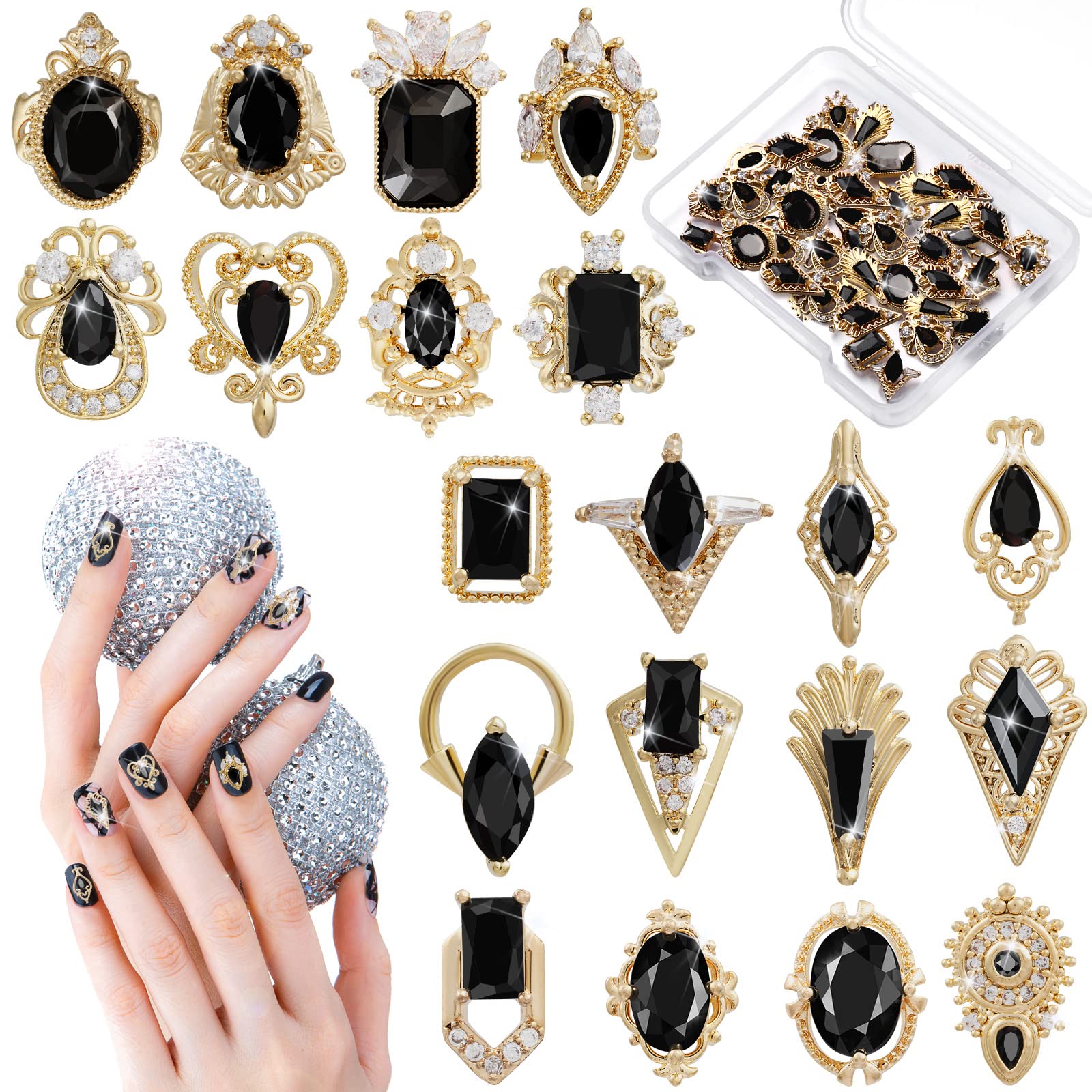 20 Pieces 3D Black Nail Charms Art Gems Kit Gold Nail Charms Metal Alloy Gold  Nail Rhinestones Black Zircon Nail Diamonds Jewels Stones Decoration for  Nail Beauty Design Decoration Craft Jewelry DIY