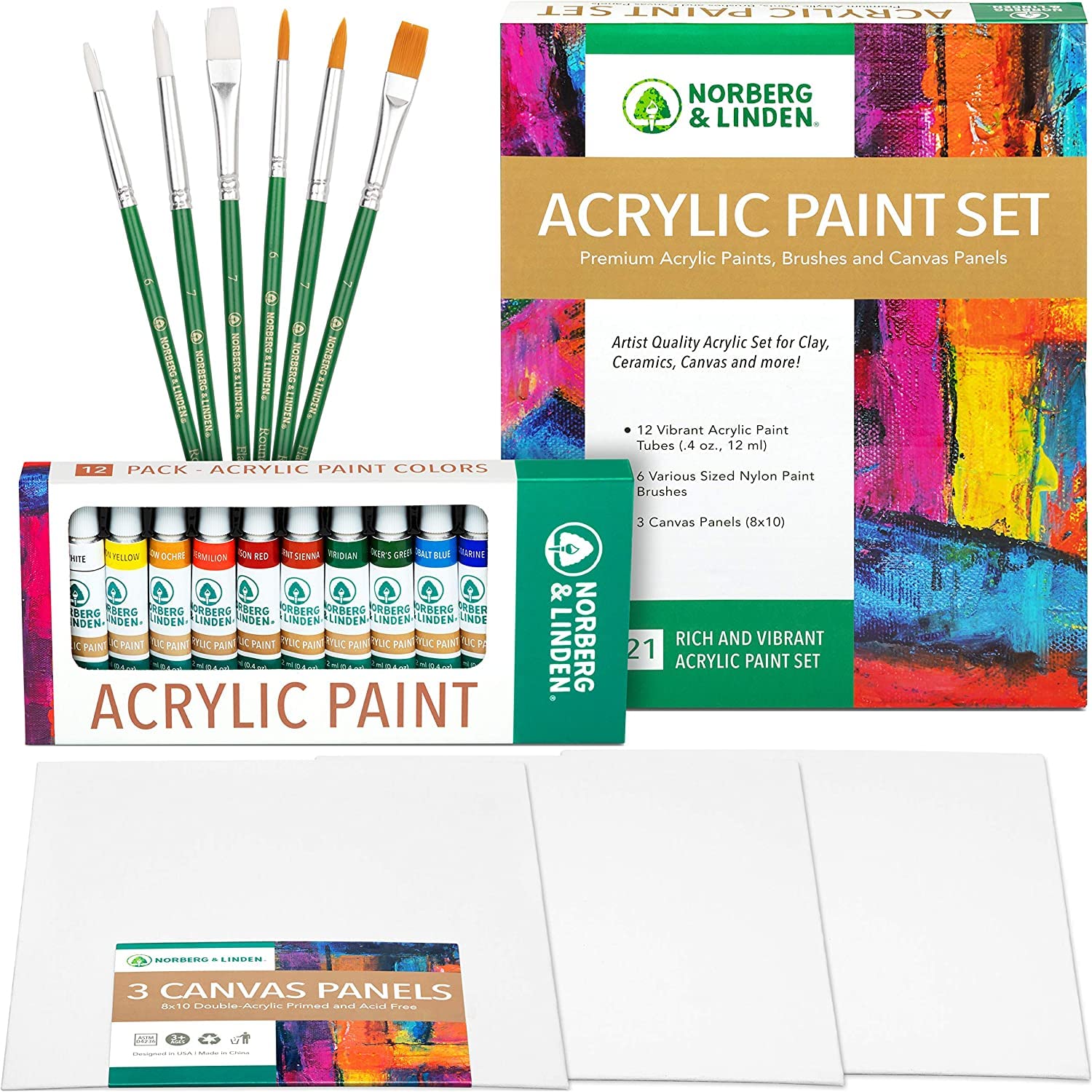 Norberg & Linden Acrylic Paint Set -12 Acrylic Paints 6 Paint Brushes for Acrylic  Painting 3 Painting Canvas Panels - Premium Art Supplies for Adults Canvas  Painting MD
