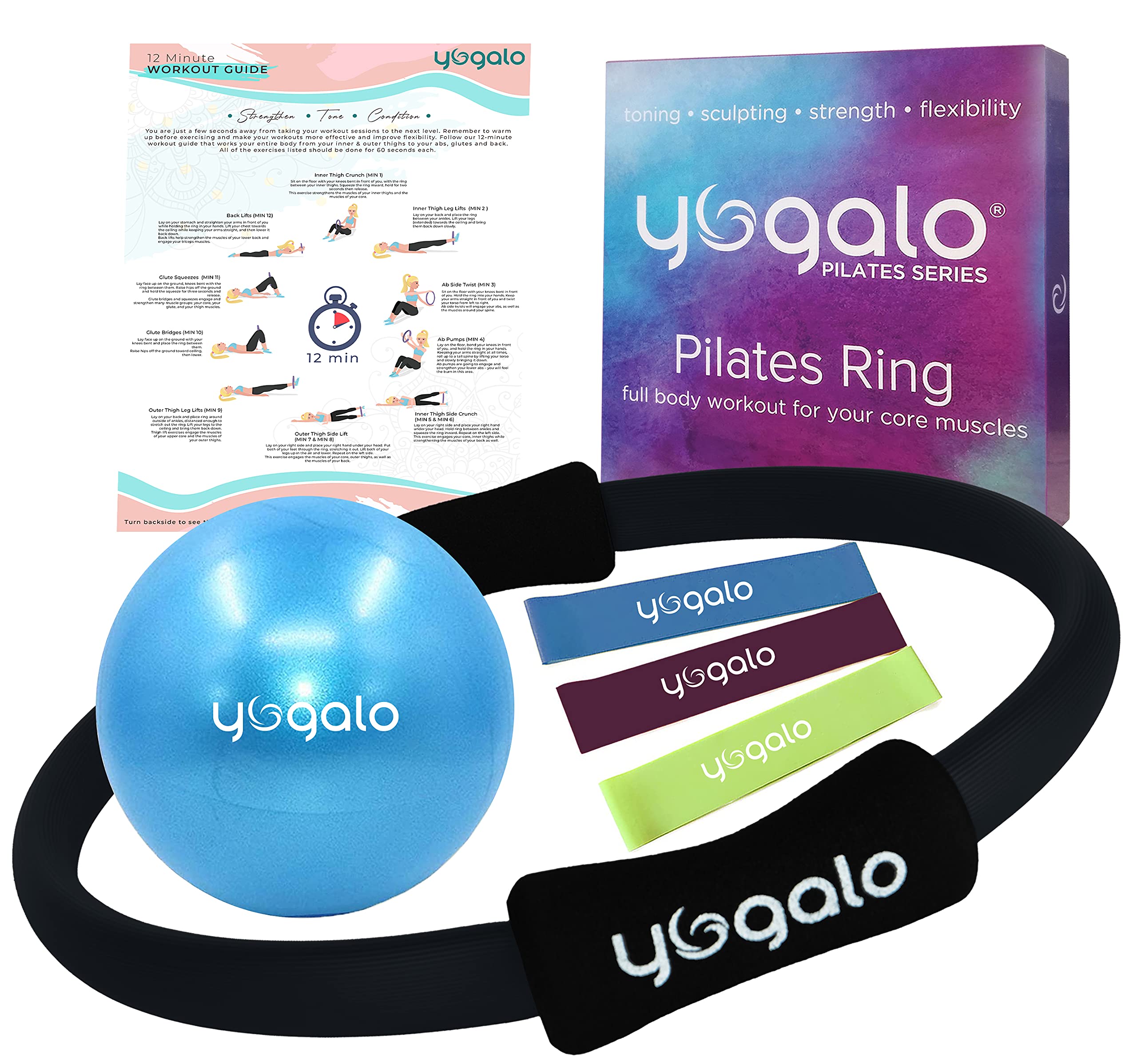 Pilates Ring and Ball Set with 3 Resistance Bands - Pilates Equipment for Home  Workout - Magic Circle Pilates Ring 14 Inch to Tone, Sculpt and Strengthen  - Fitness Ring for Yoga and Pilates Black